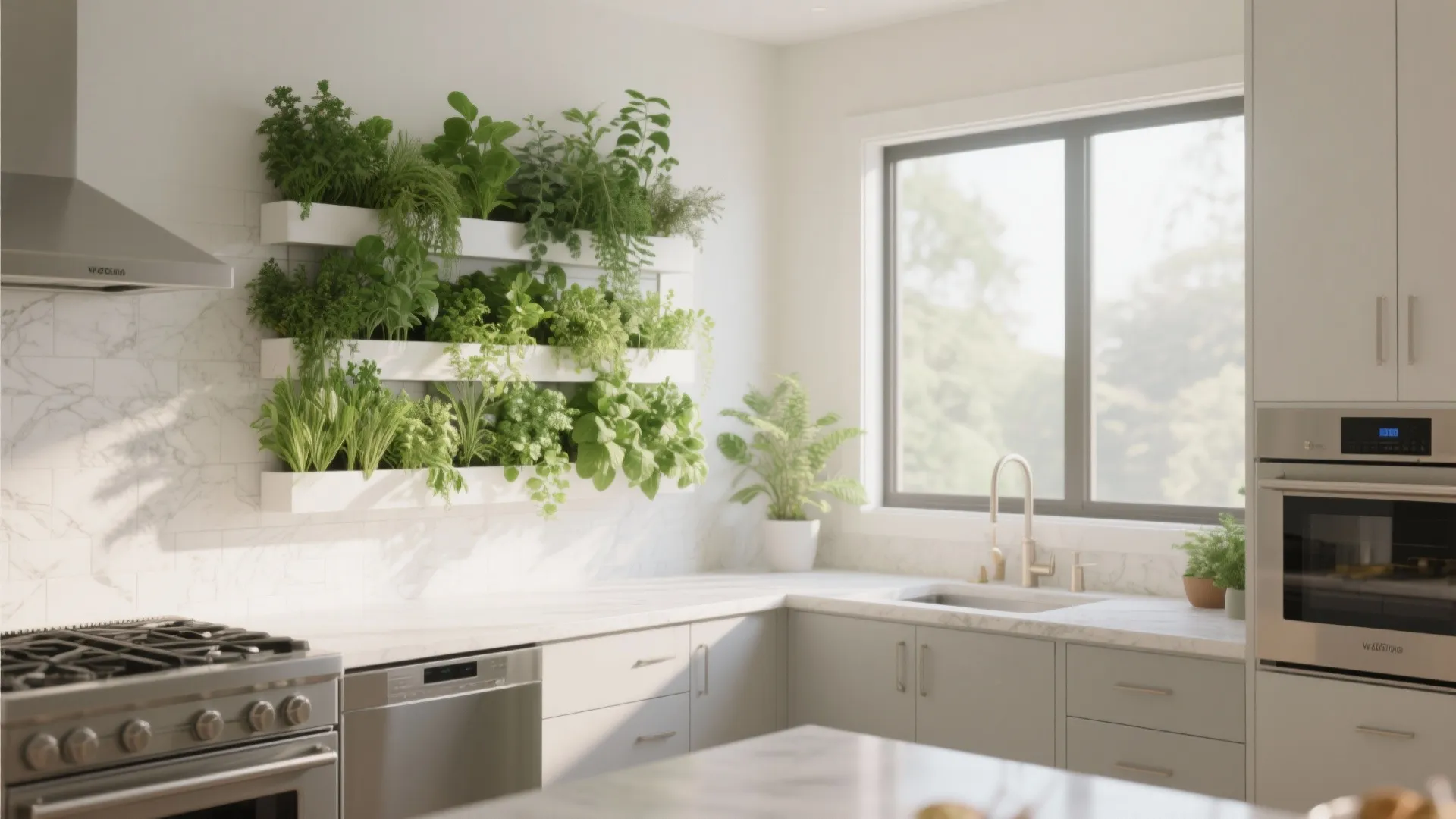 Kitchen wall with a lush built-in vertical herb garden