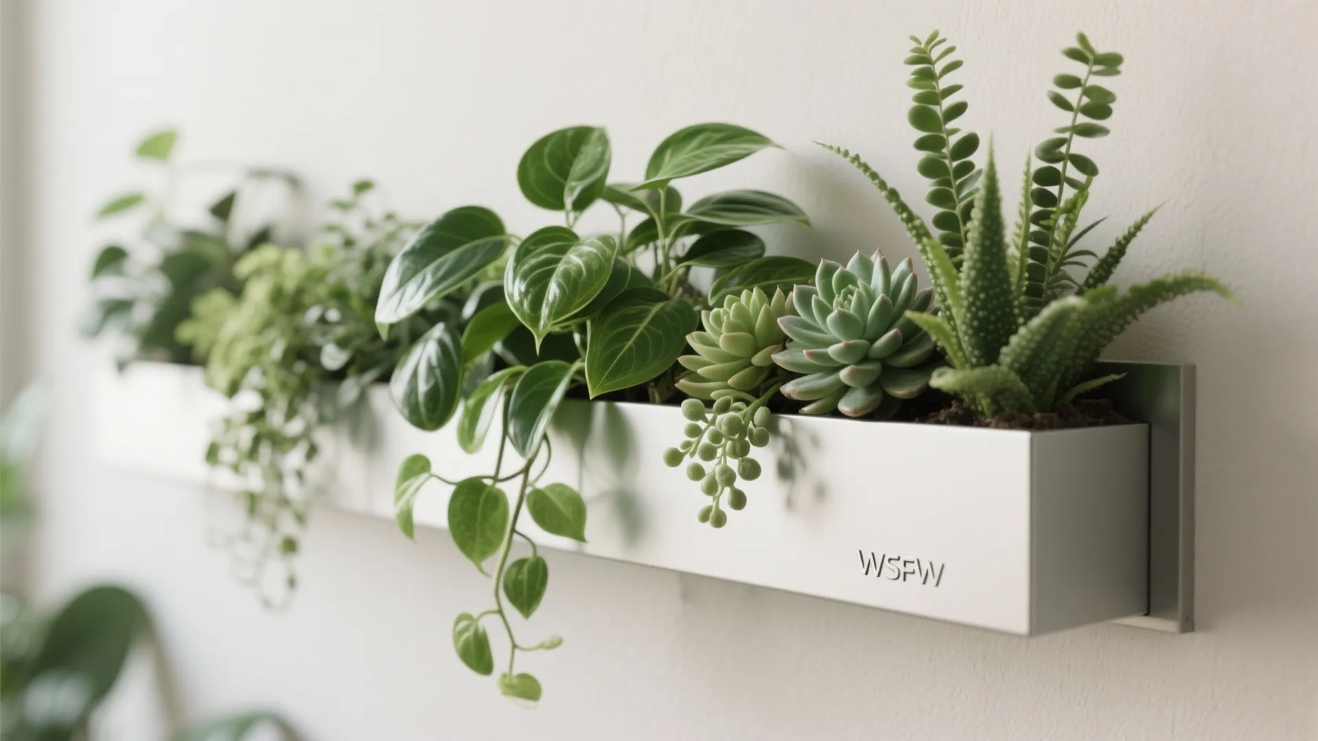 Modern white wall mounted planter box filled with green leafy plants and small desert succulents
