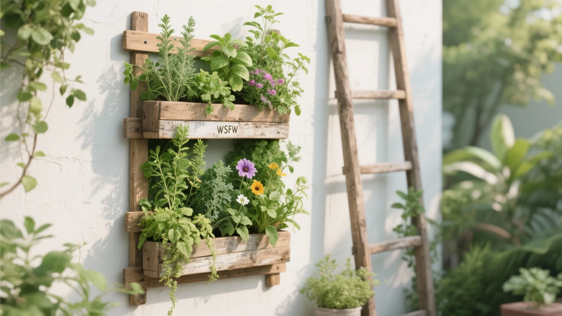Vertical garden wall made from repurposed ladders