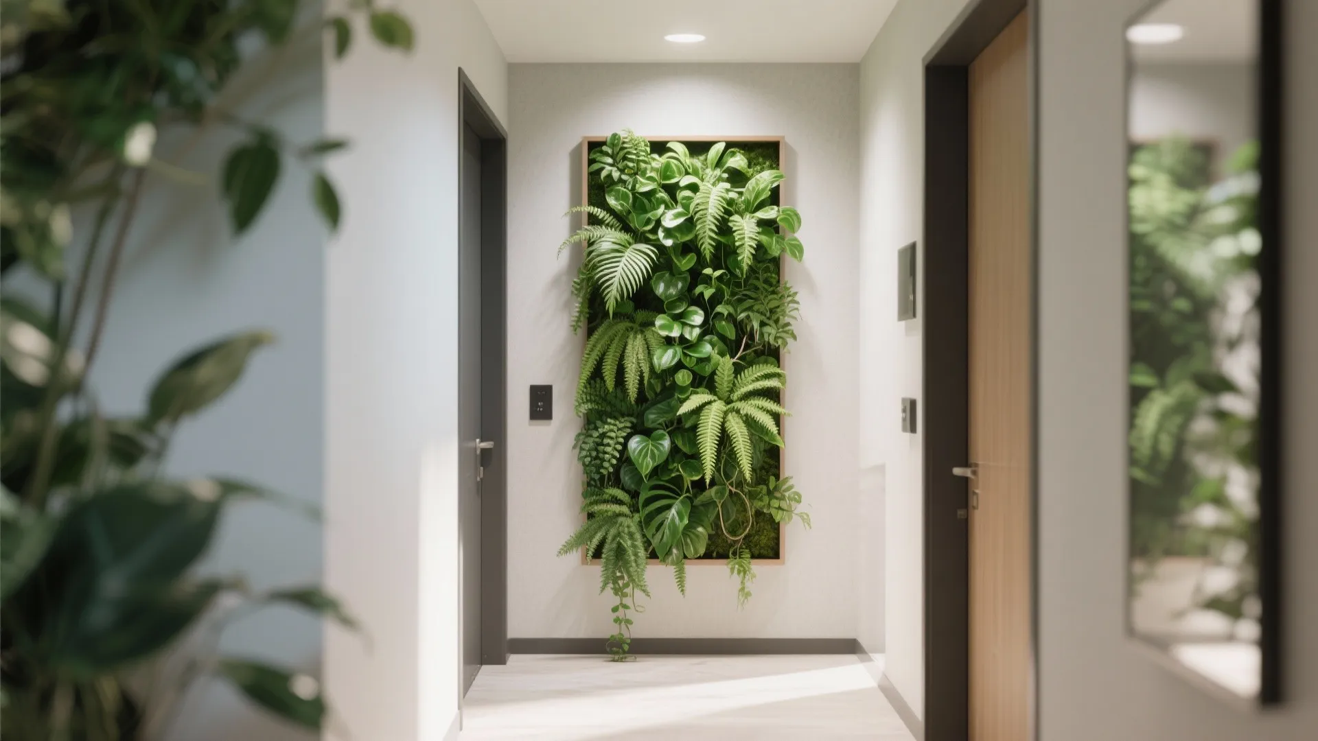 Bright indoor hallway showing a lush green plant wall feature between two dark bedroom door frames