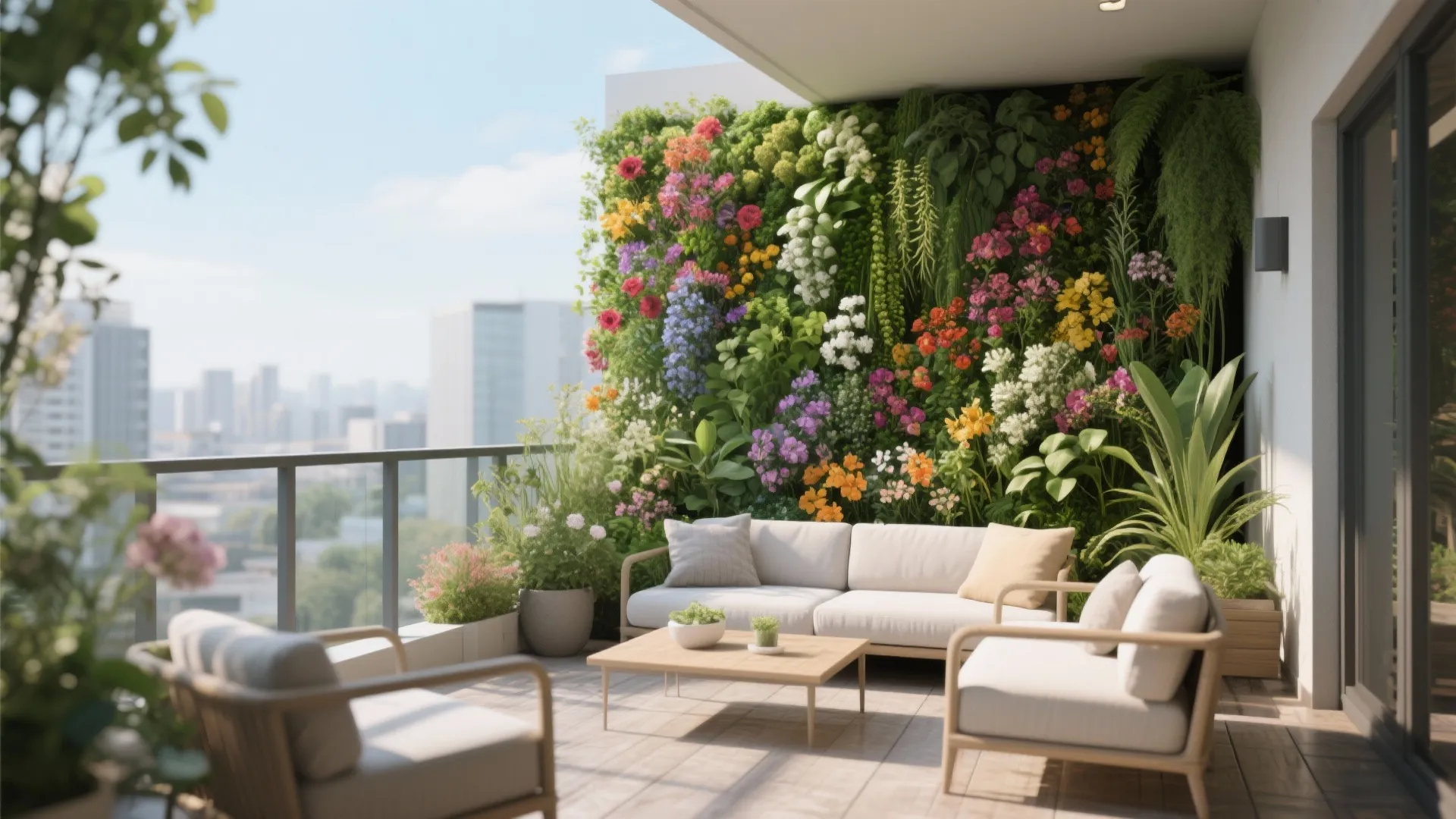 Balcony with colorful flower wall garden outdoor sofa wooden coffee table and city view background