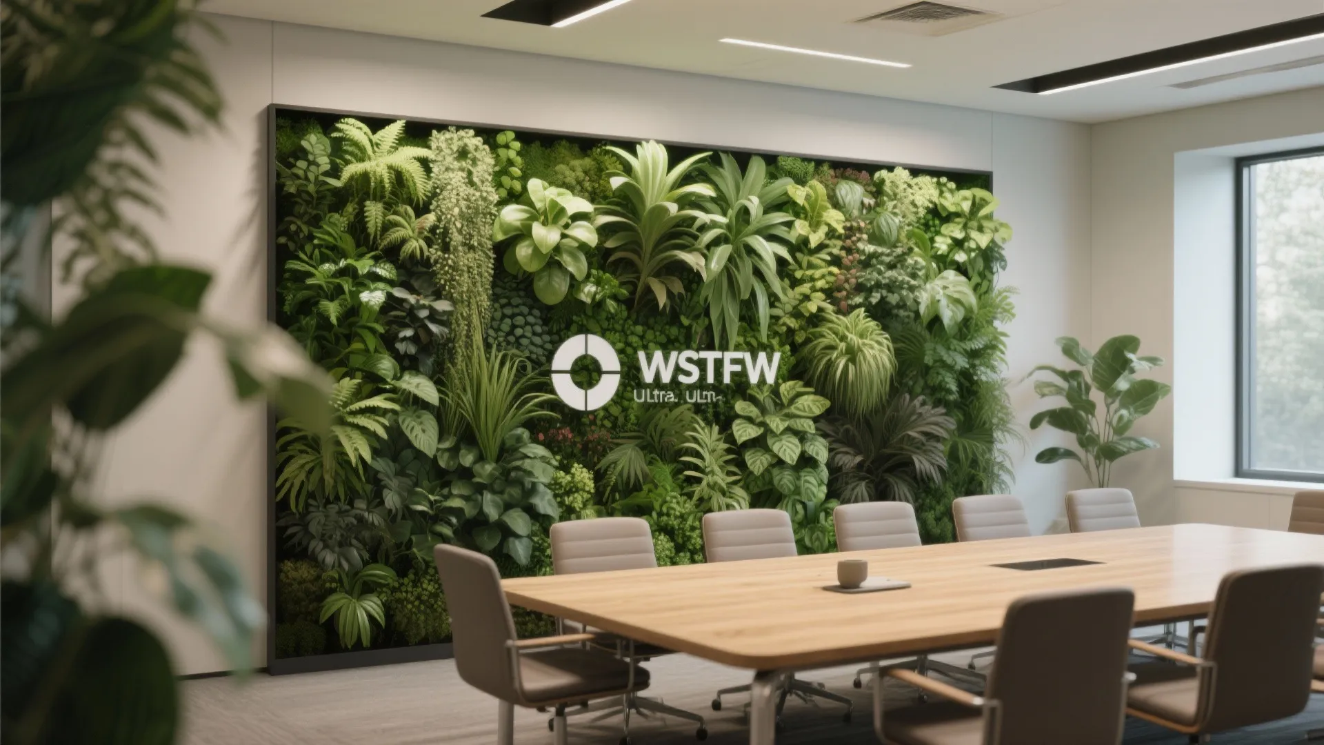 Modern office meeting room featuring a large vertical garden wall with various green indoor plants