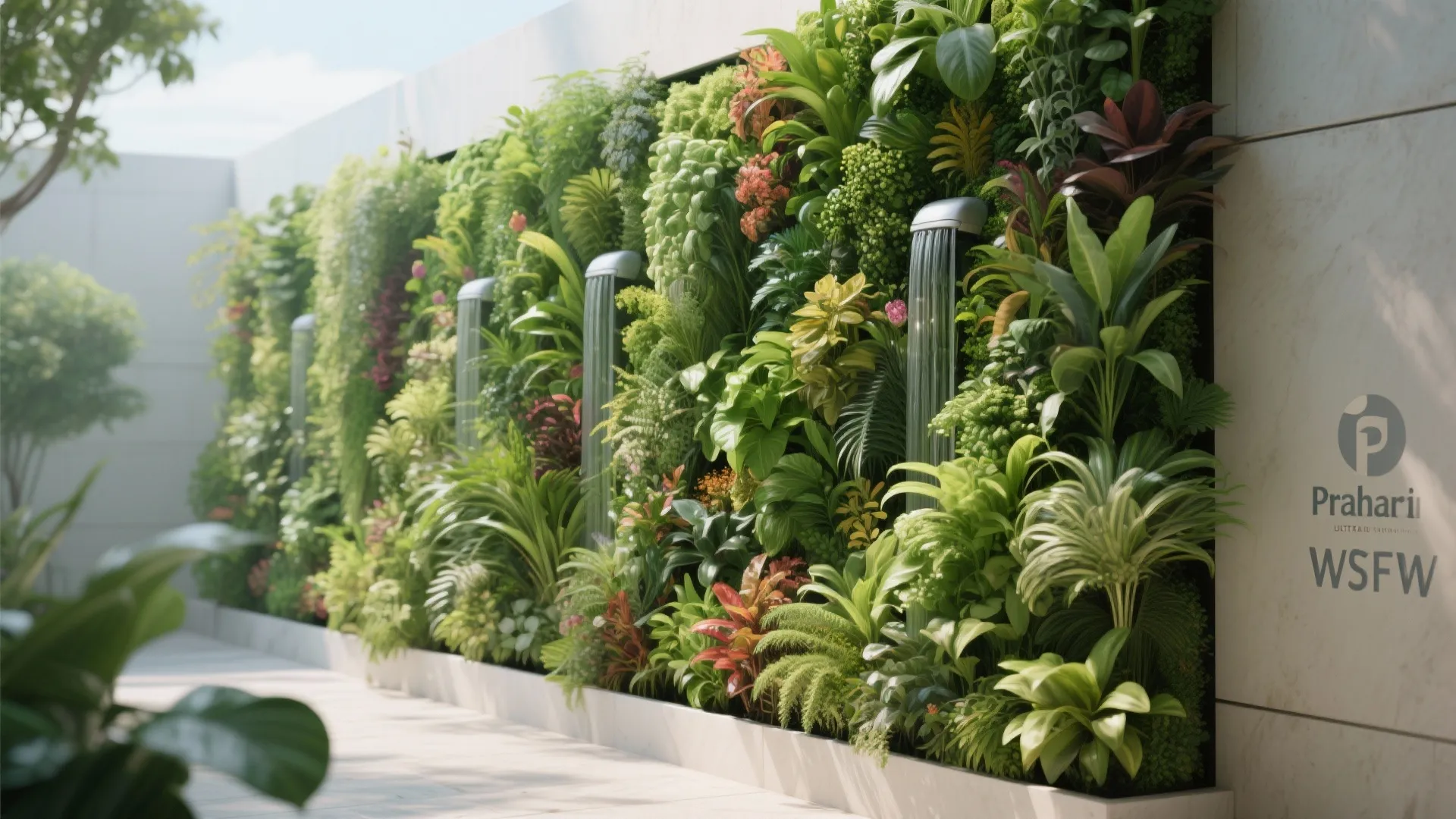 Indoor vertical garden wall with lush green plants small water fountains and white marble wall panels