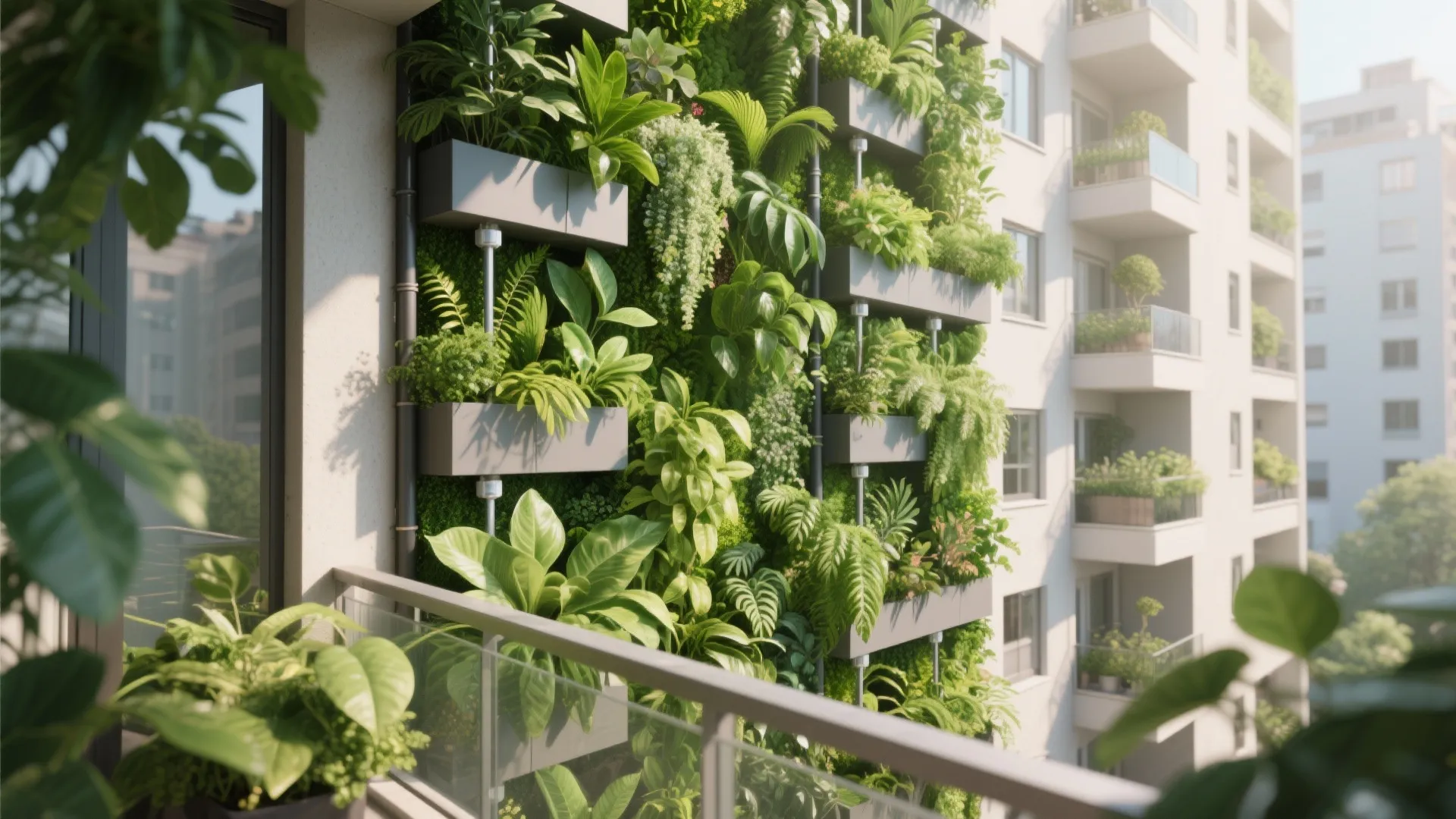 Apartment balcony featuring a vertical green plant wall with many different types of leafy greens