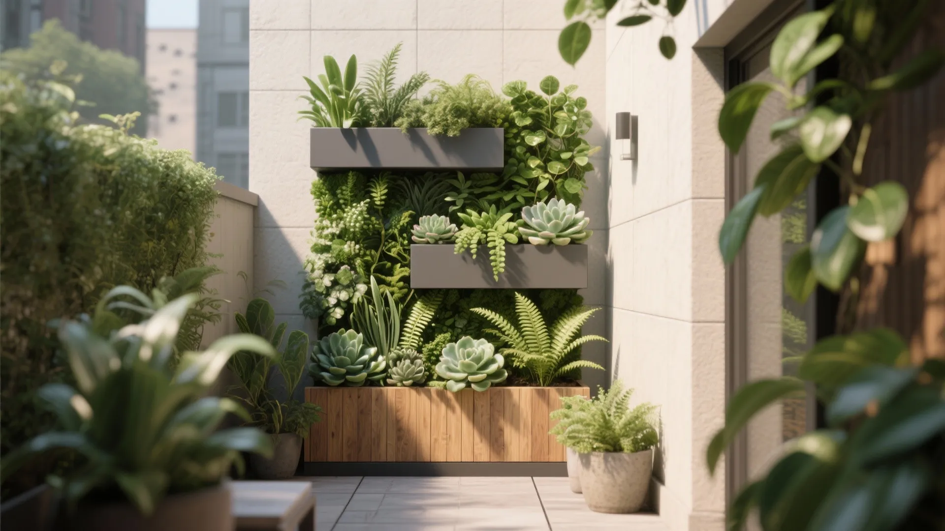 Small balcony with a vertical garden wall featuring green leafy plants succulents and wooden planter boxes