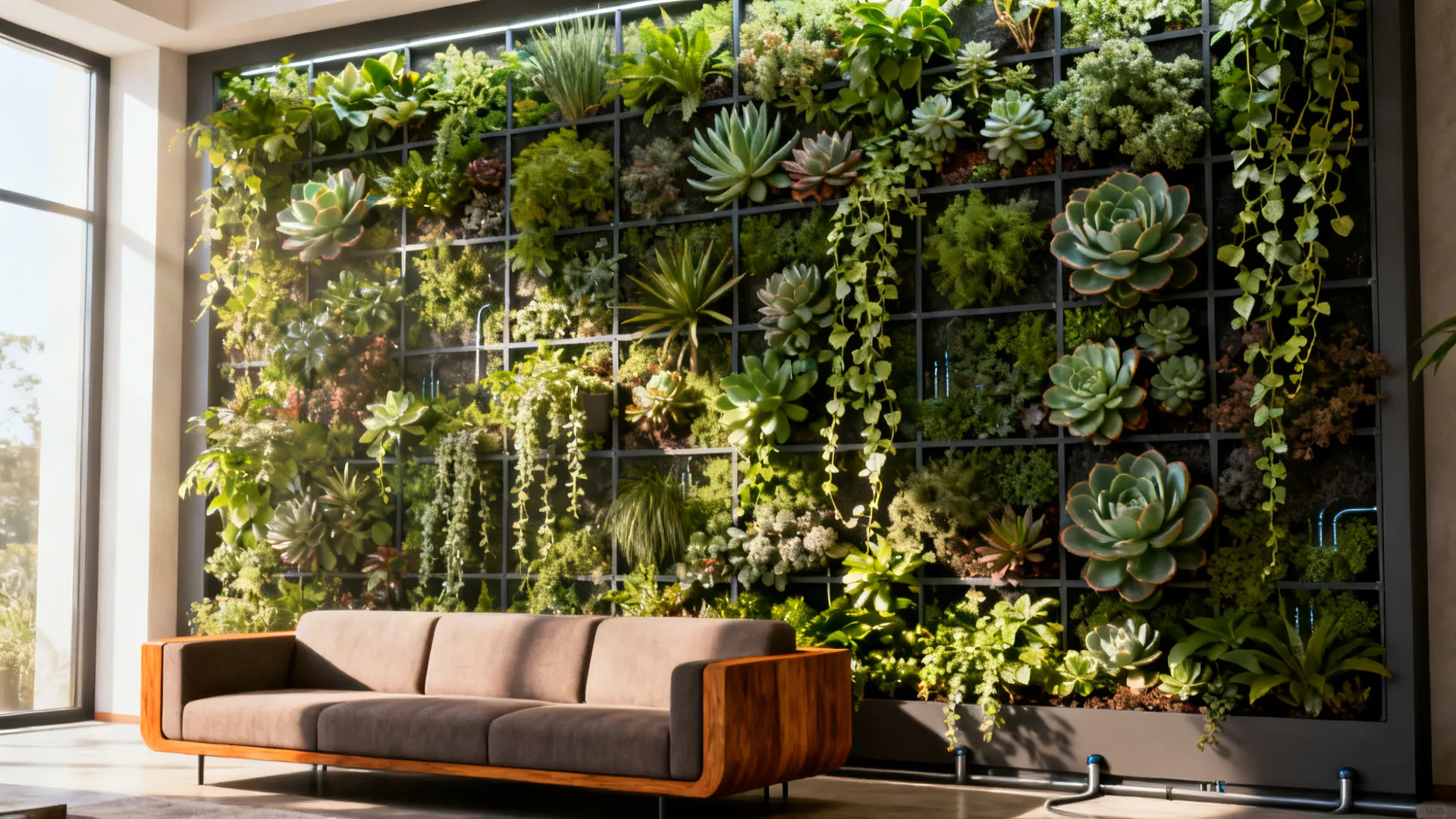 Living room with a large vertical garden grid of succulents and trailing plants, creating a calming biophilic focal wall.