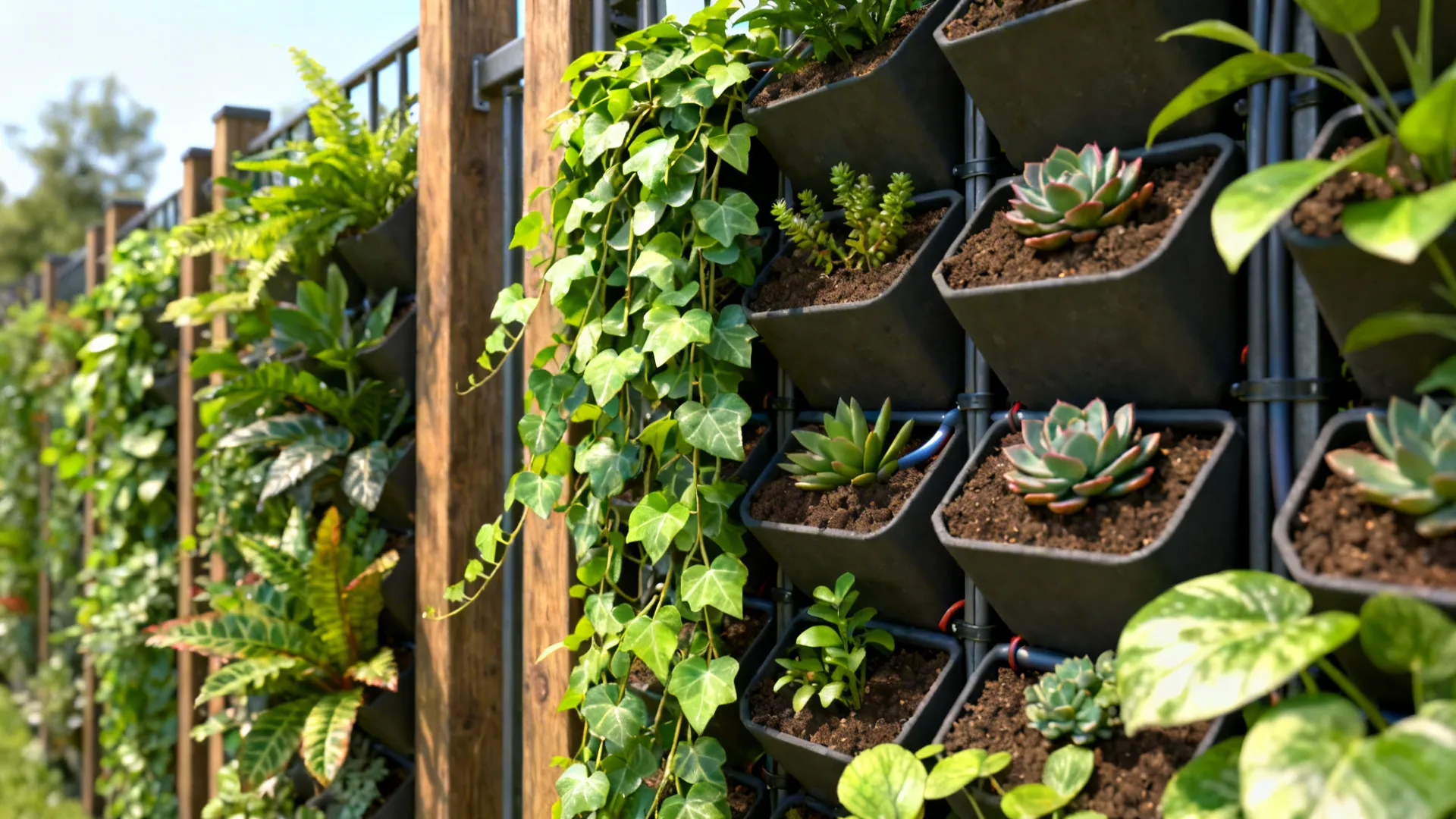 Close-up of a lush vertical garden mounted on a narrow fence with mixed plants and hidden irrigation.