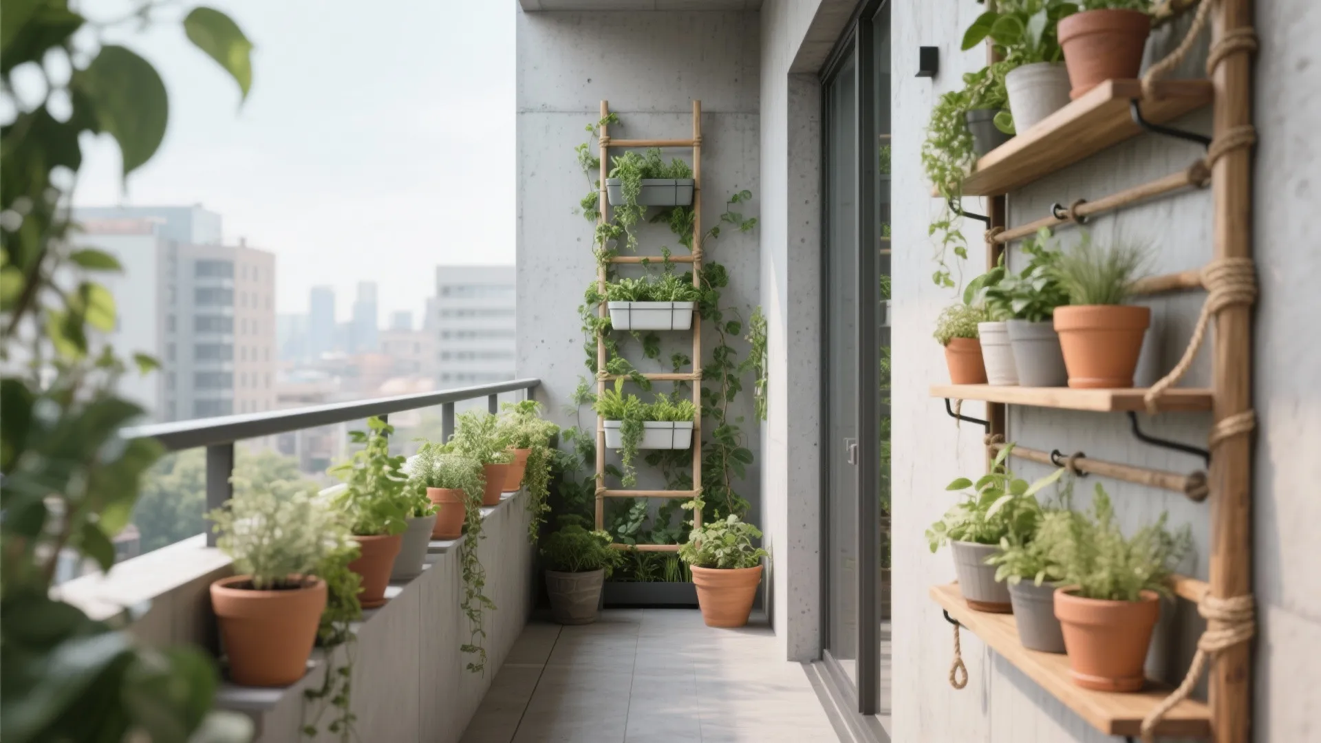 Vertical garden with trellis and modular shelves