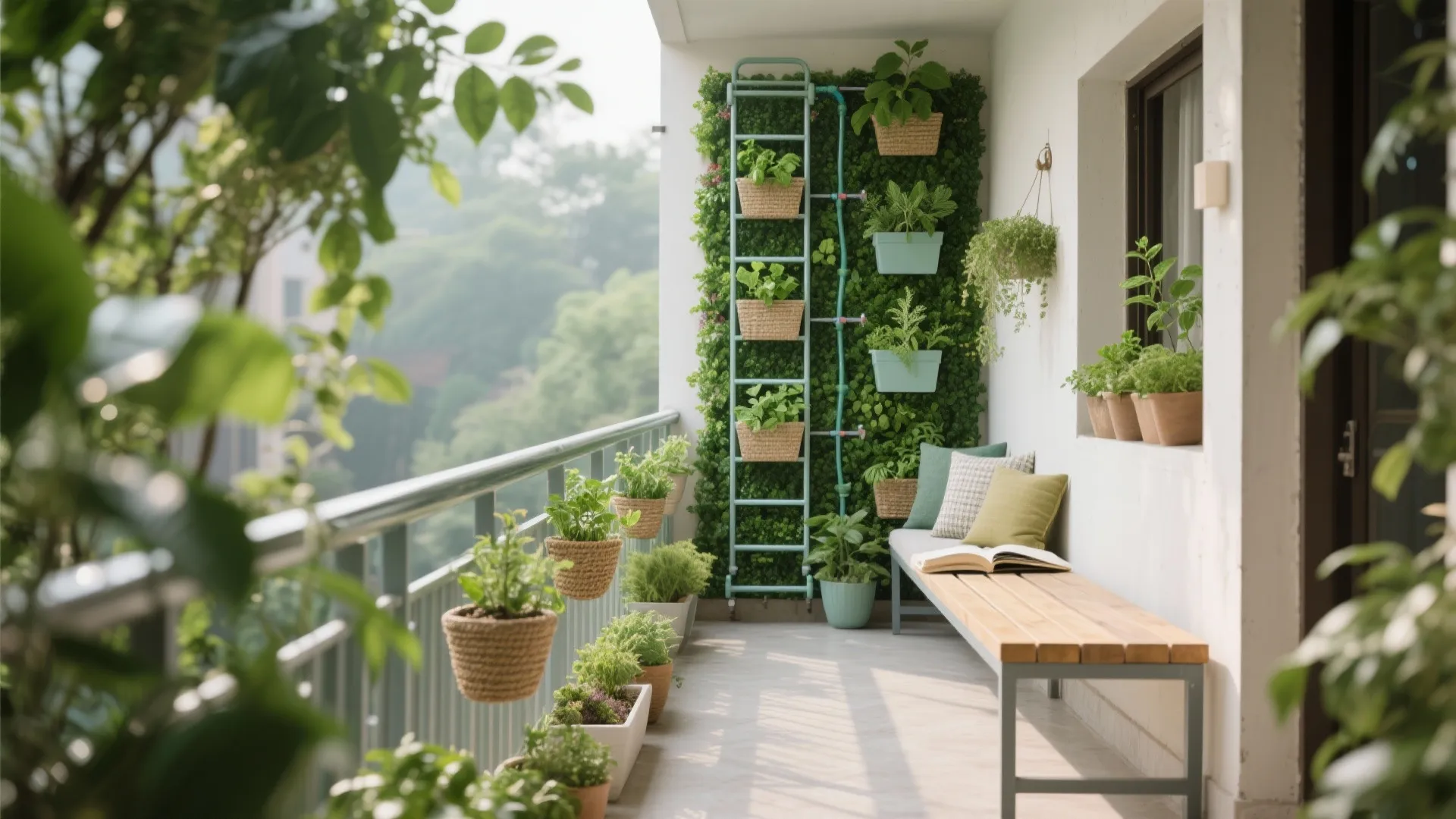 Narrow balcony with modular green wall, planter ladder, and clear walkway in soft daylight.