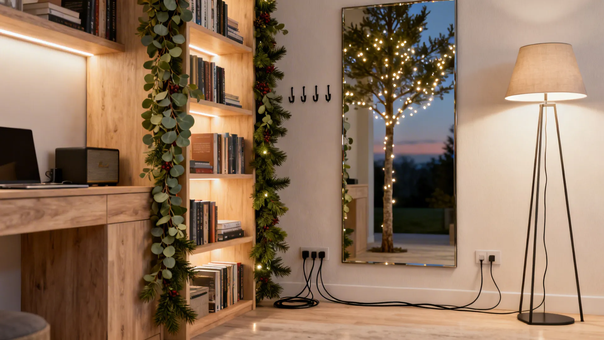 Vertical garland on a bookcase with a mirror behind a slim tree doubling lights.