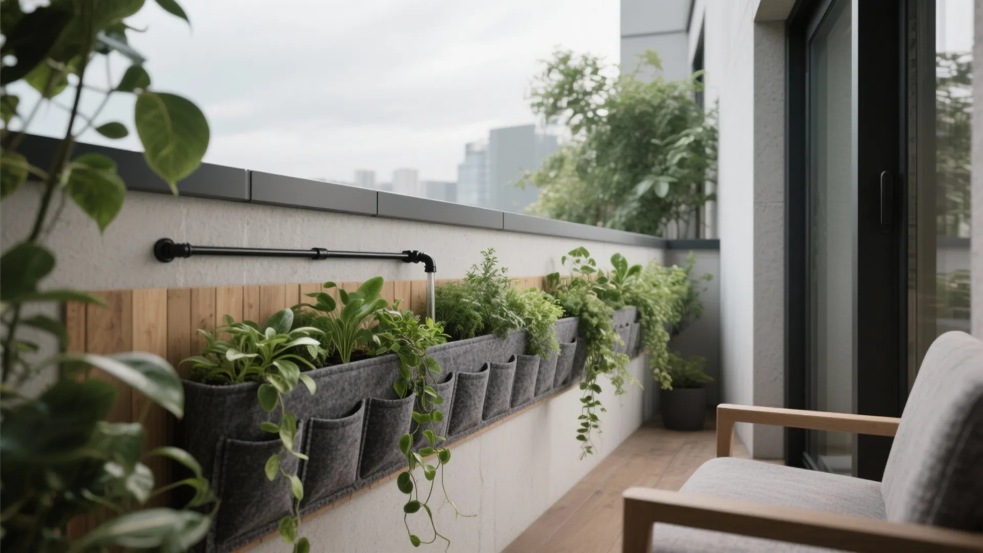 A balcony wall covered with felt pocket planters of herbs and pothos, with discreet drip irrigation and soft, even daylight.