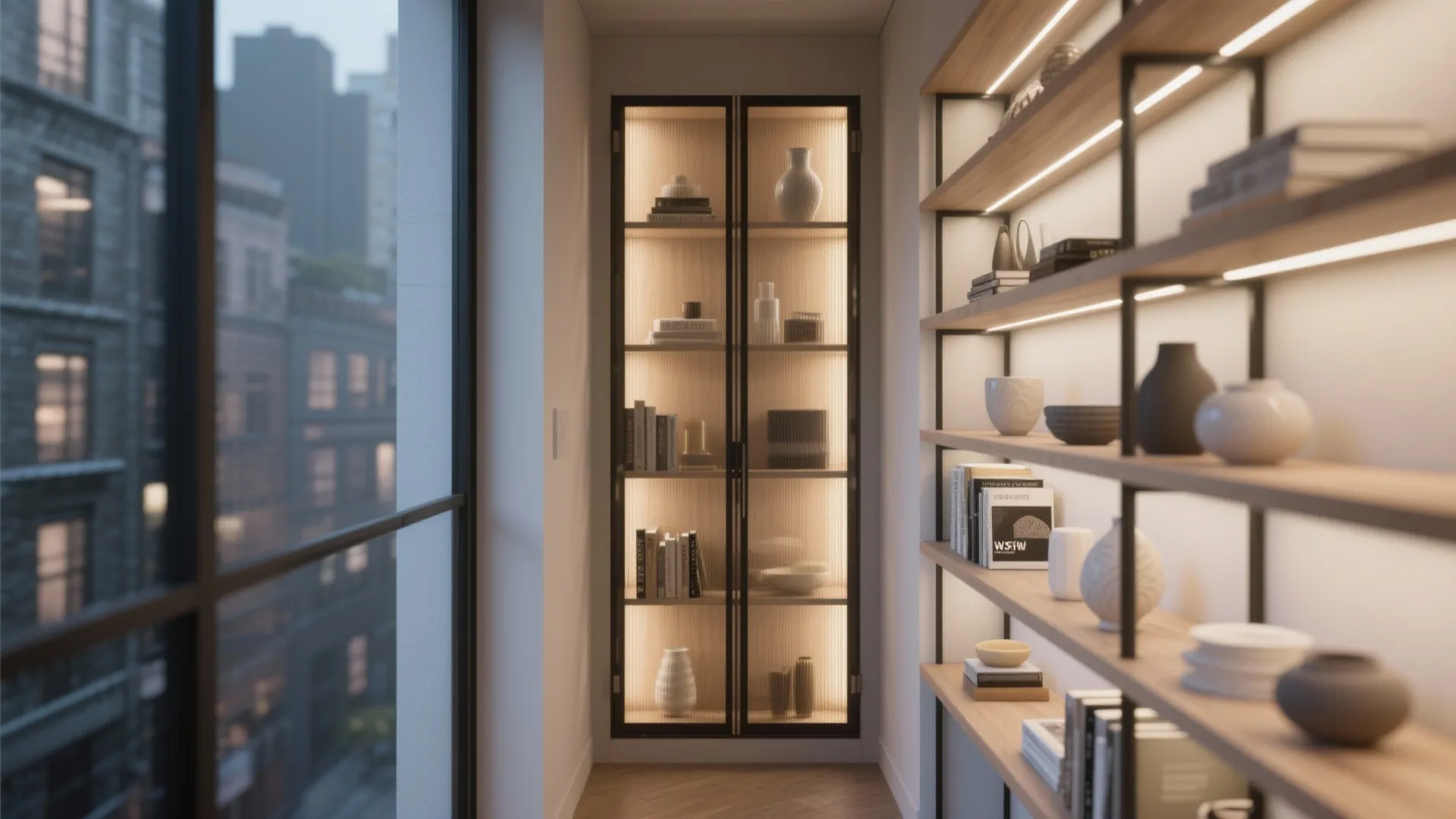 Modern hallway with tall glass display cabinet, wooden shelves, warm lighting, and city view window