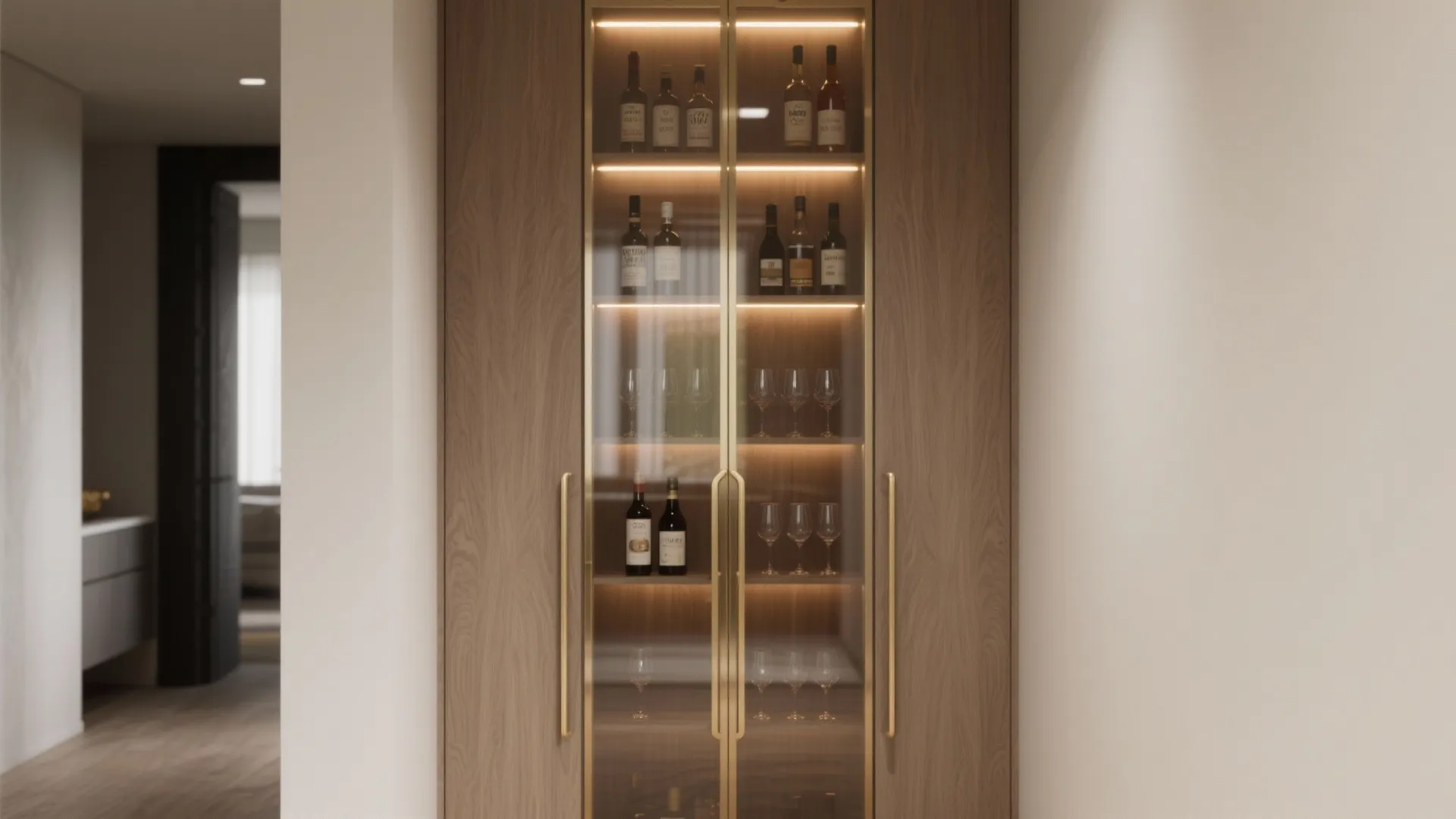 Tall wooden storage cabinet with glass doors and internal lighting displaying wine bottles and glasses