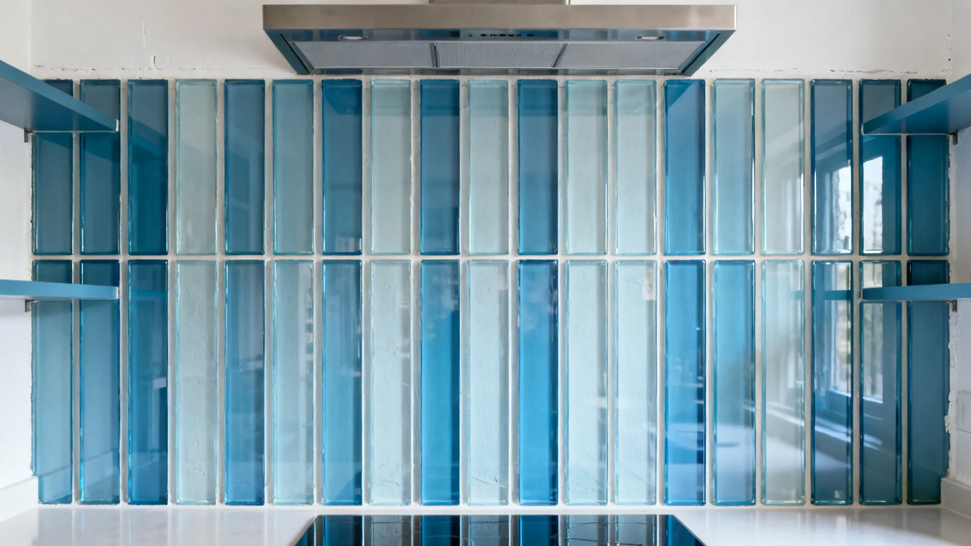 Vertical stacked 2x10 blue-tinted glass tile backsplash reaching the ceiling in a compact kitchen