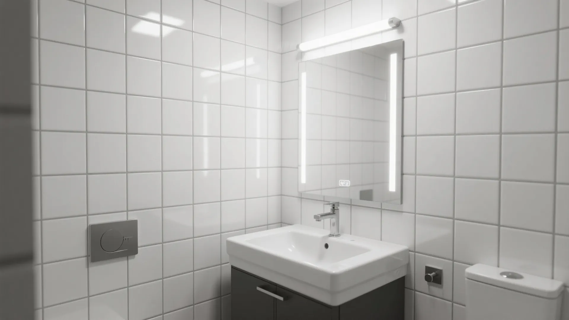 Minimalist white tile bathroom with black cabinet sink lighted mirror and small white flush toilet