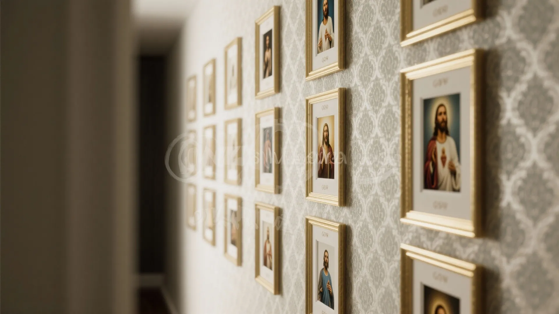 Rows of gold framed religious pictures on a wall with grey and white patterned wallpaper