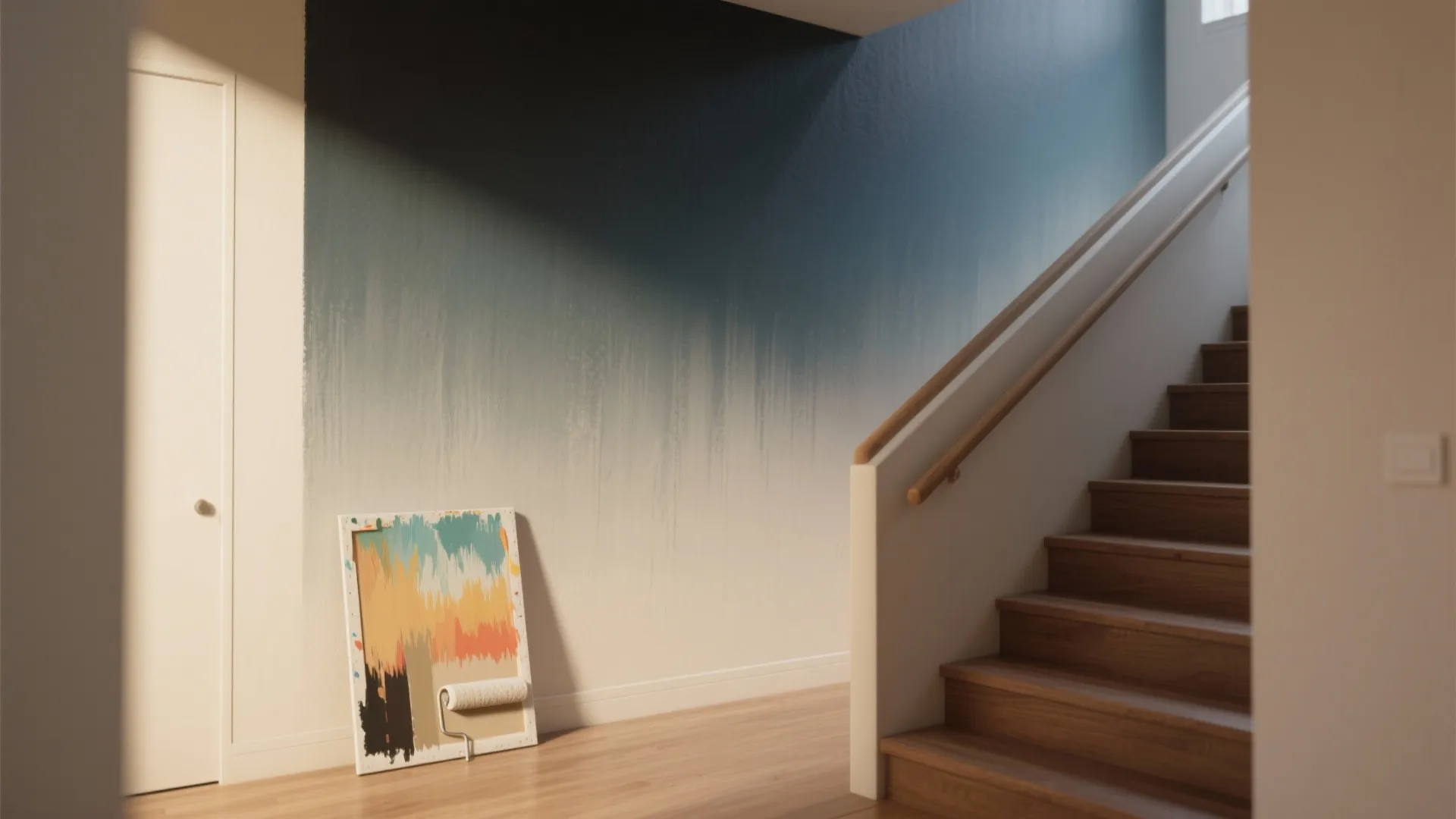 Stairwell wall with a smooth vertical ombré gradient and a test board nearby under natural light