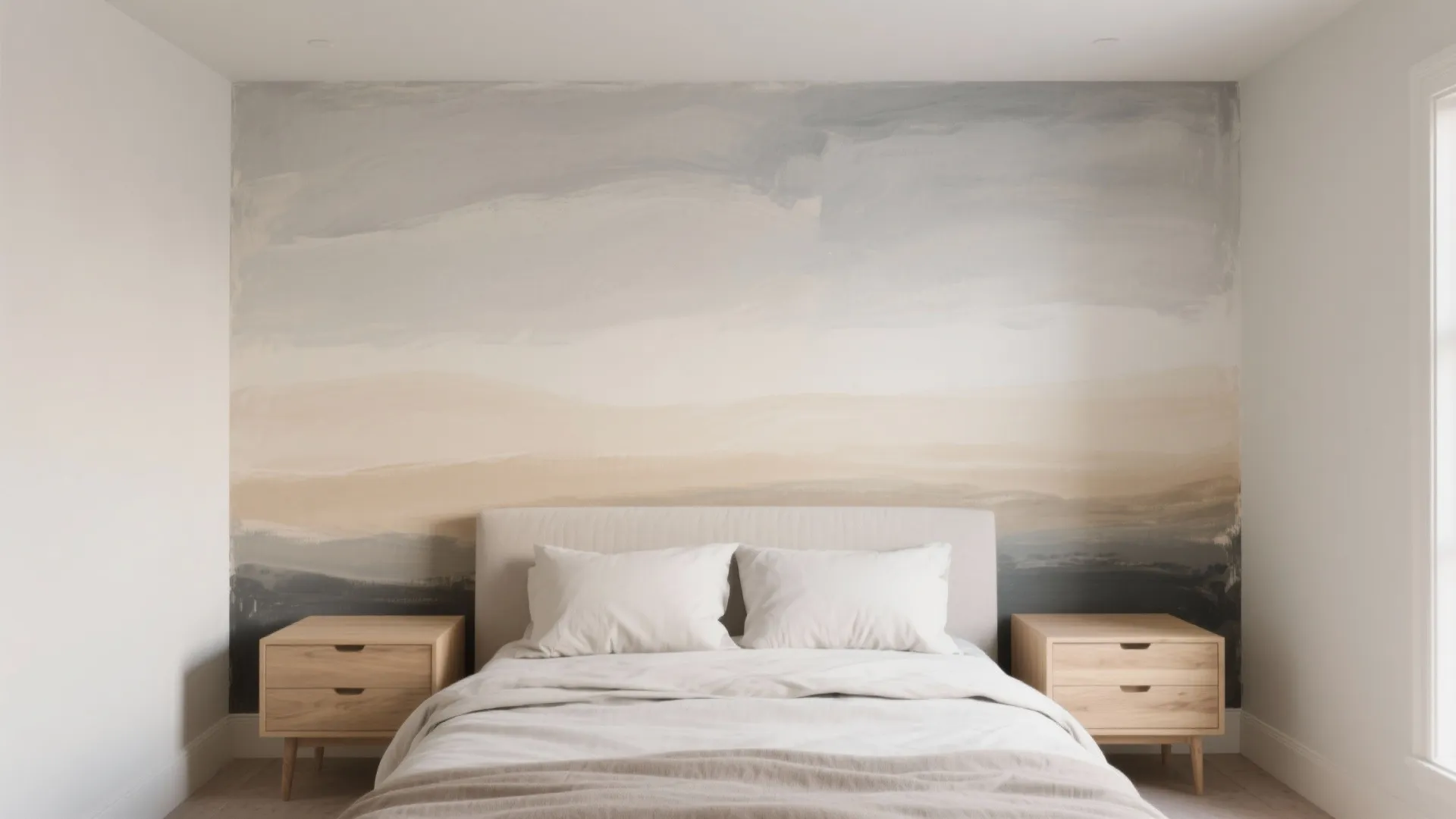 Modern bedroom with white bed two wooden side tables and a large blue beige mural