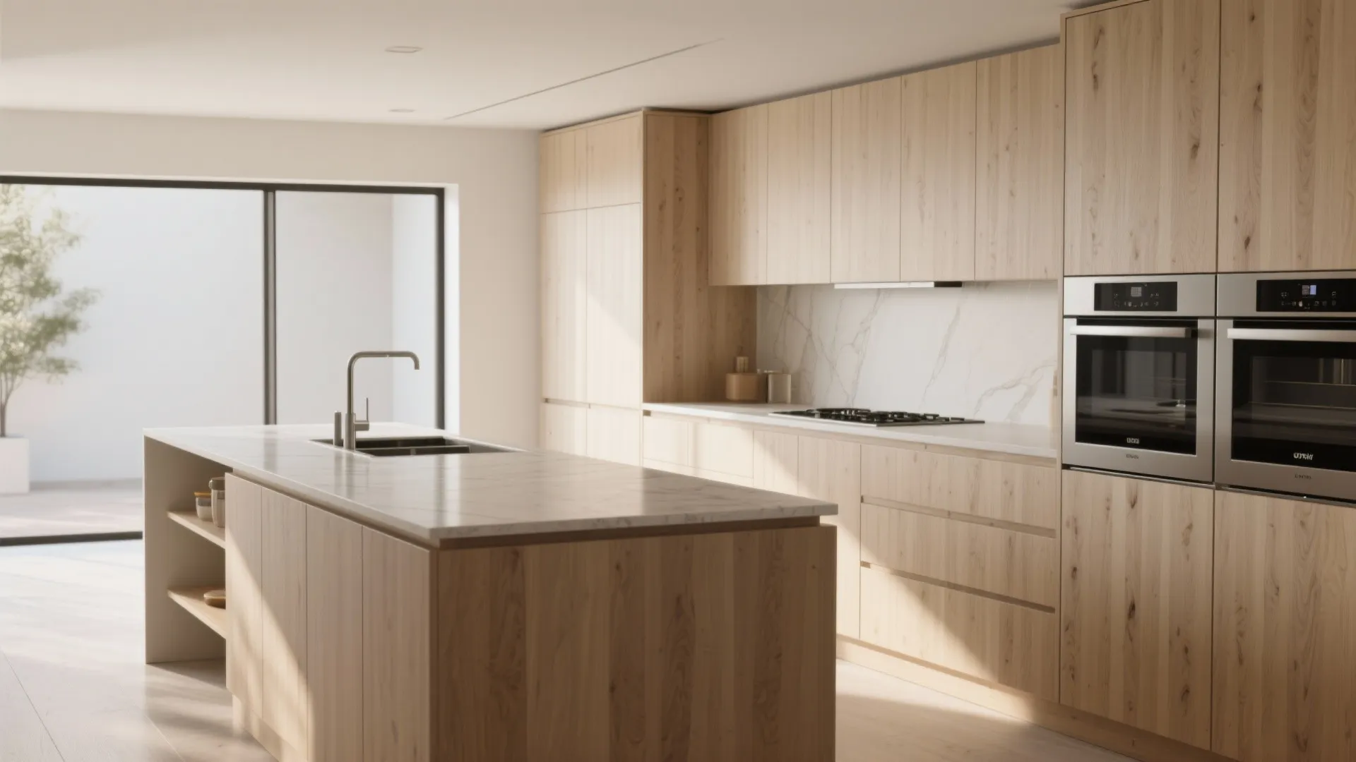 Seamless run of vertical-grain white oak slab cabinetry with matching island for a custom look