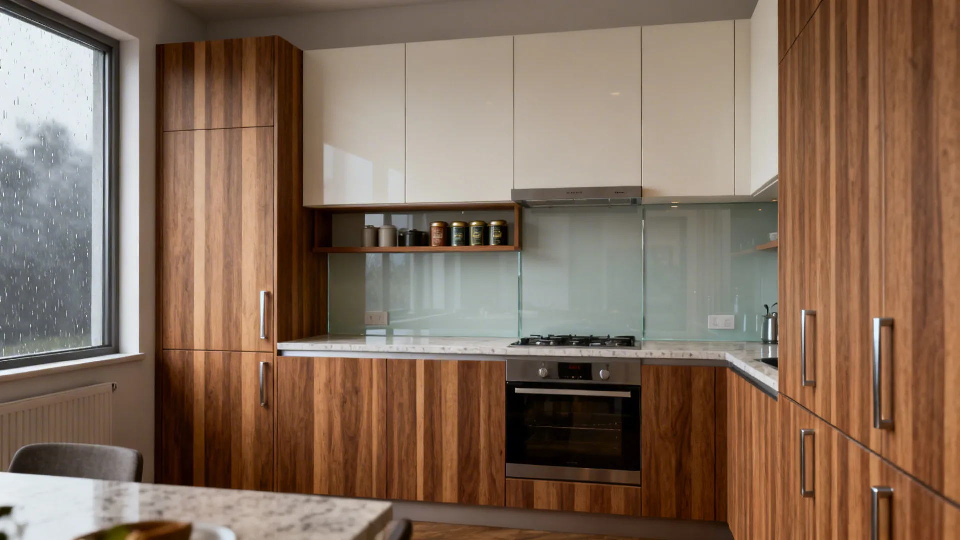 Compact kitchen with vertical-grain wood base cabinets and light uppers for a taller feel.