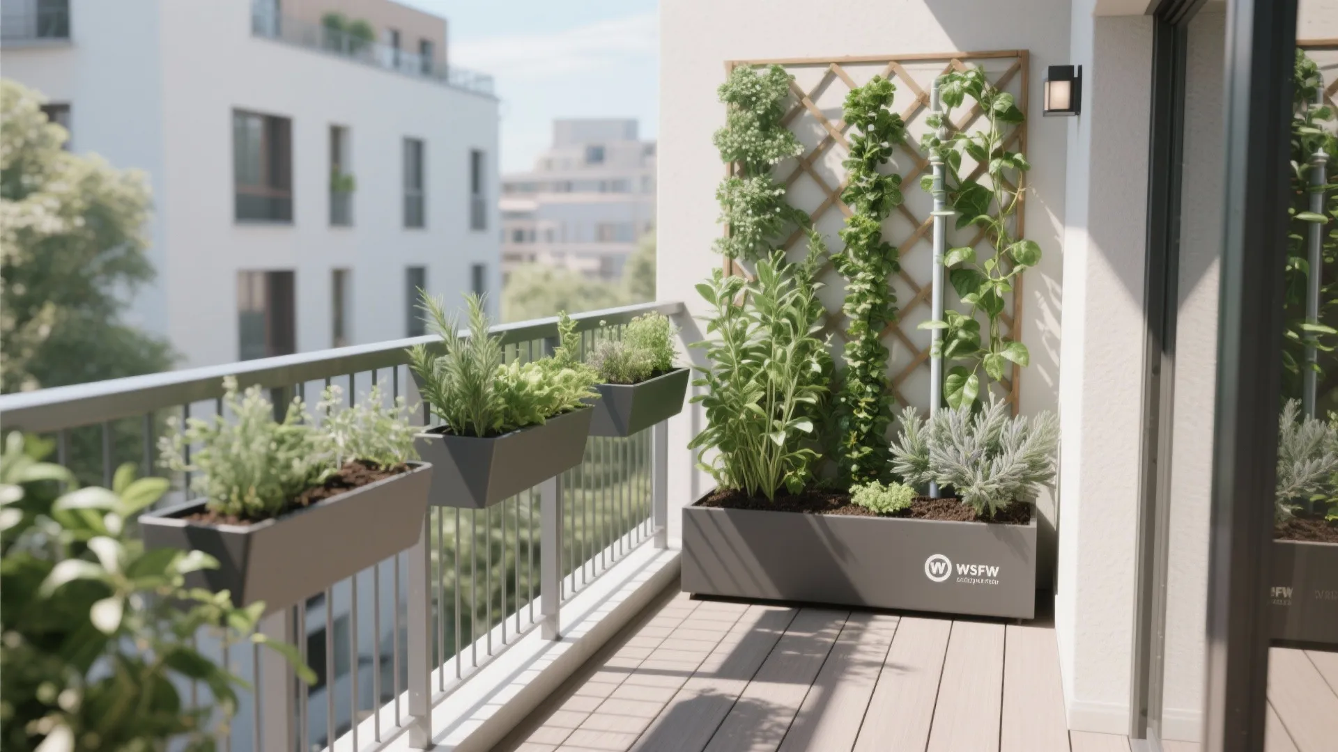 Bright balcony with vertical garden, wooden wall panel for climbing plants and grey hanging boxes