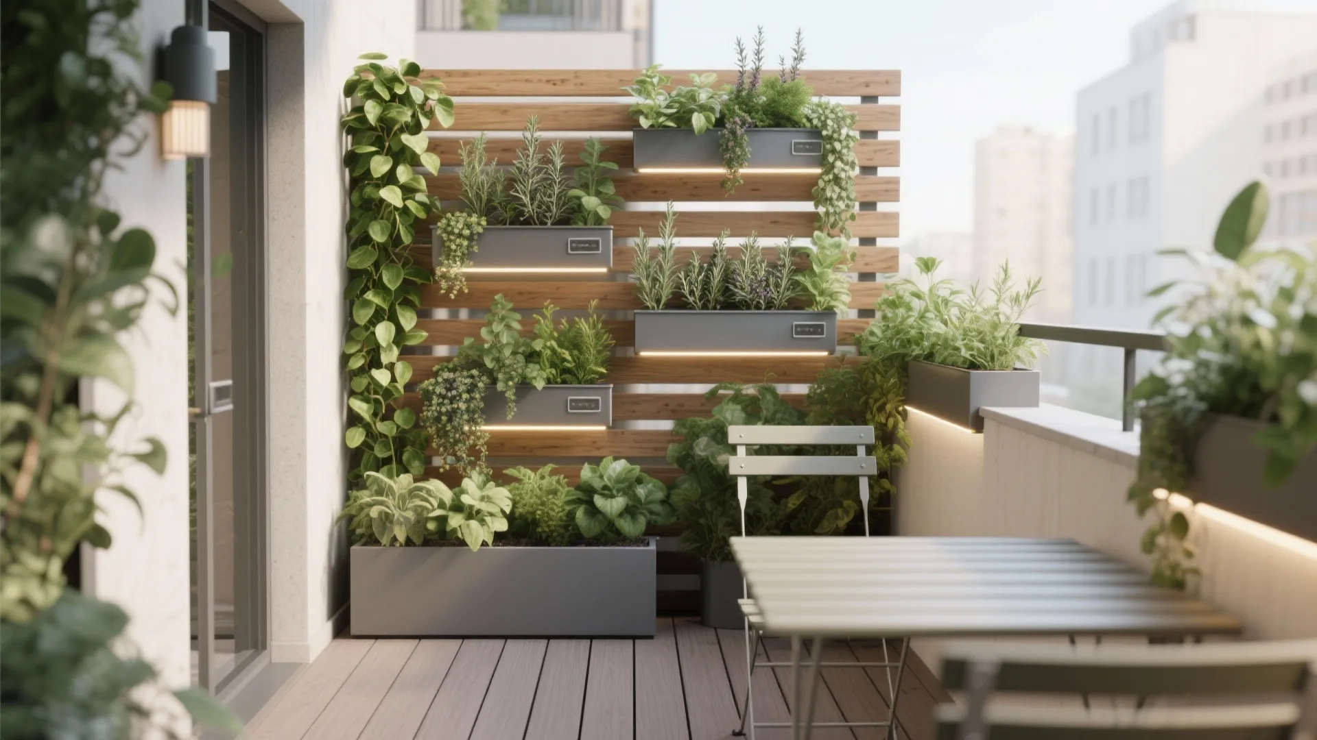 Vertical greenery and rail planters for biophilic calm