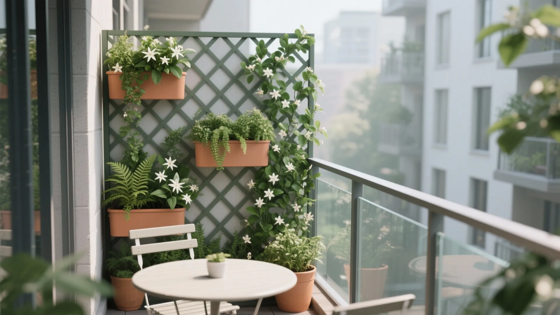 Small balcony with white table, wall panel trellis for climbing plants, and green potted flowers