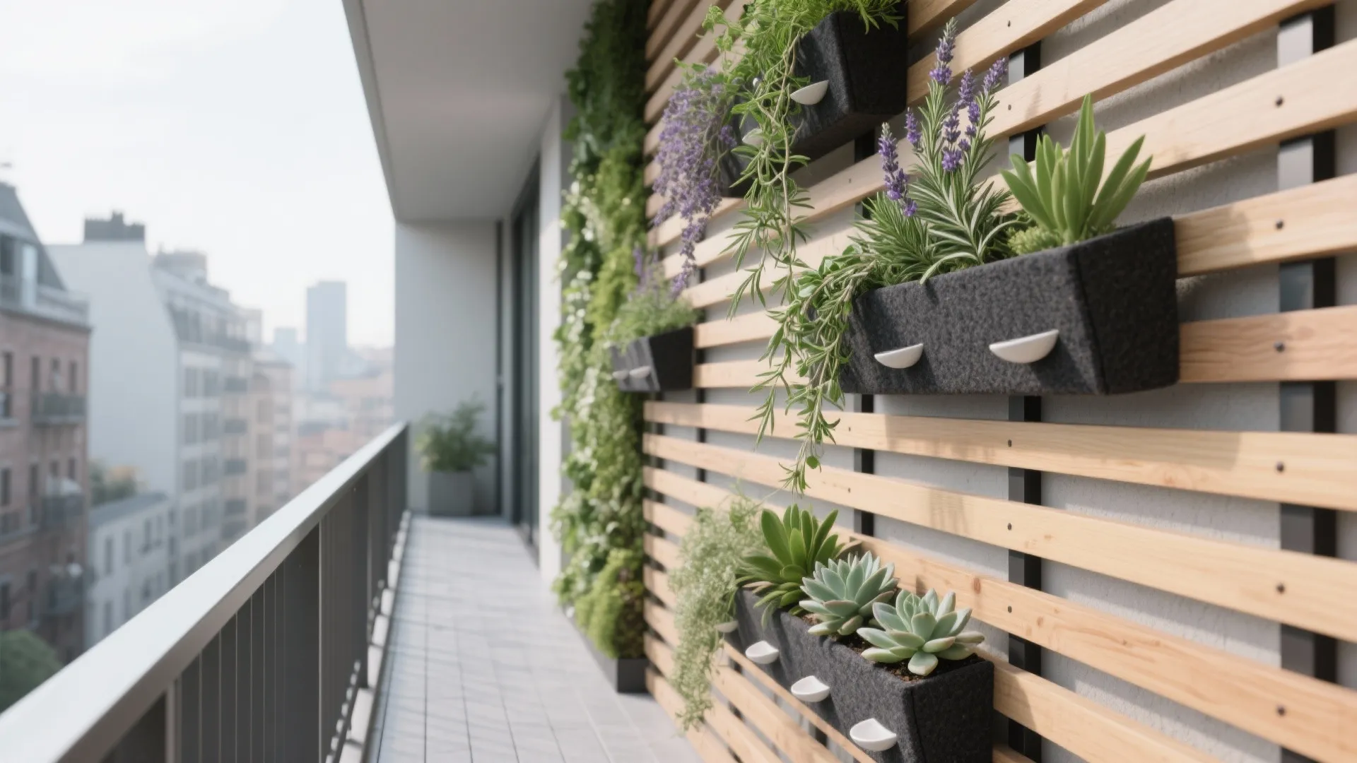 Modern balcony featuring a vertical garden wall with wooden panels and various green succulent hanging plants