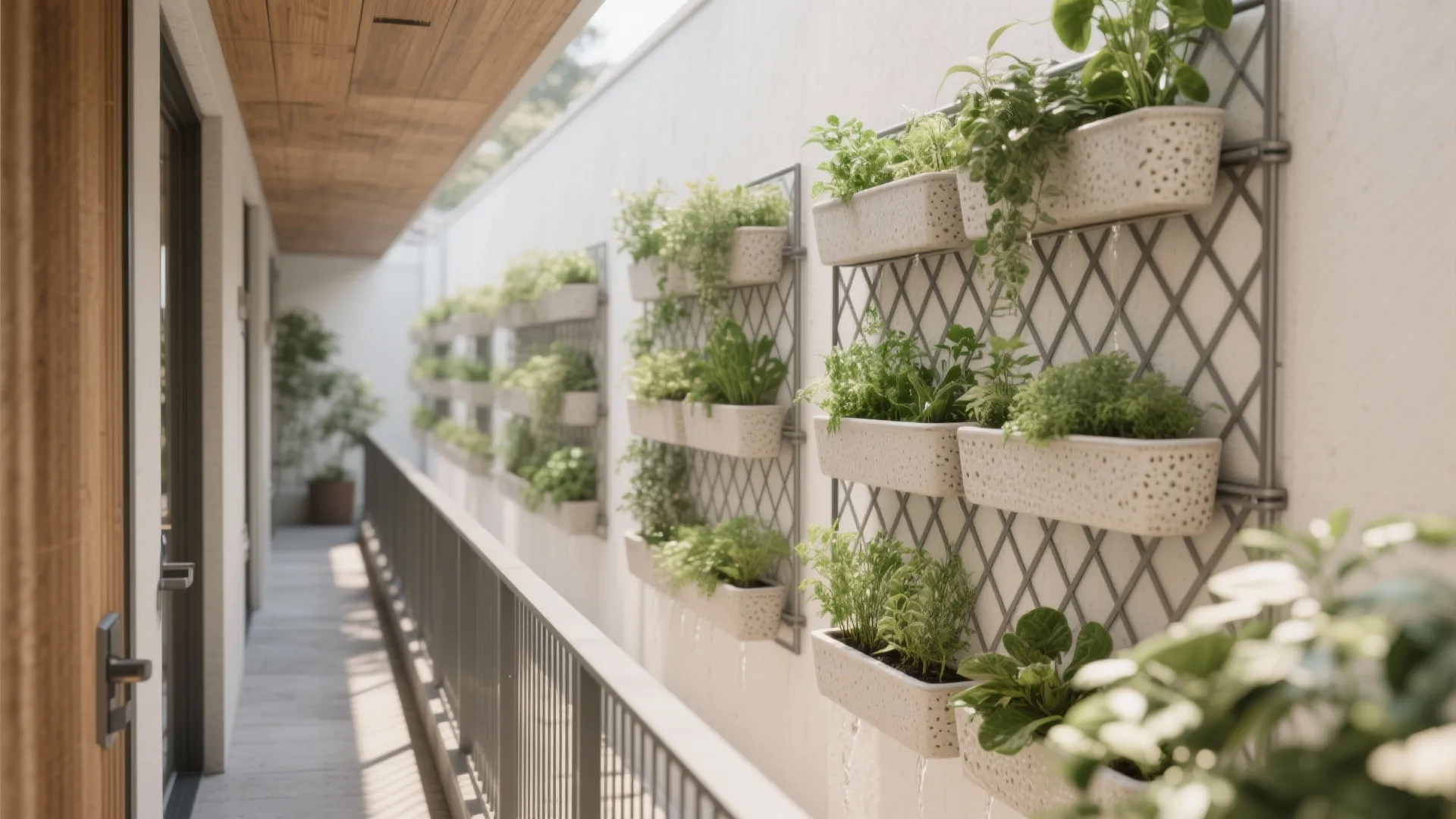 Vertical wall garden on narrow balcony with white planters hanging on metal frames with green plants