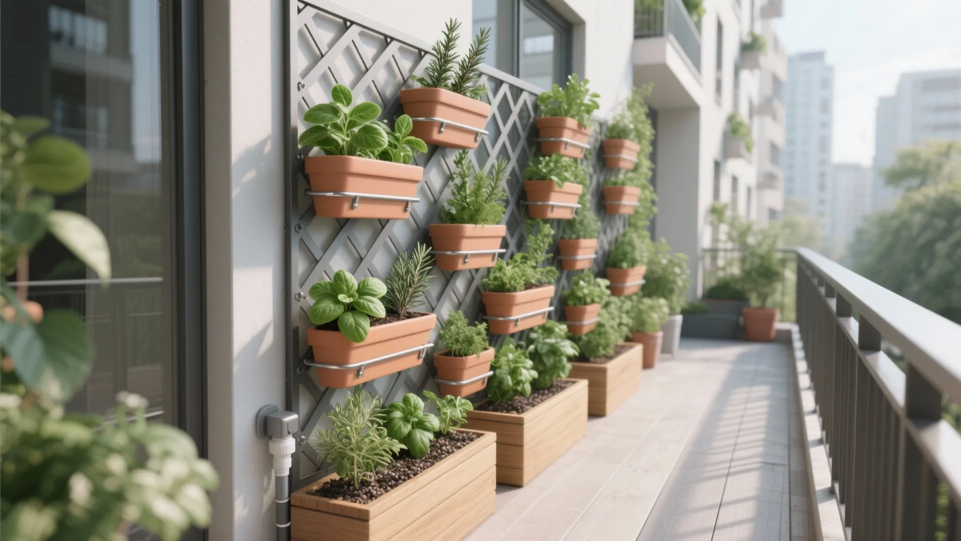 Close up of vertical garden wall with potted herbs and wooden planters on a balcony