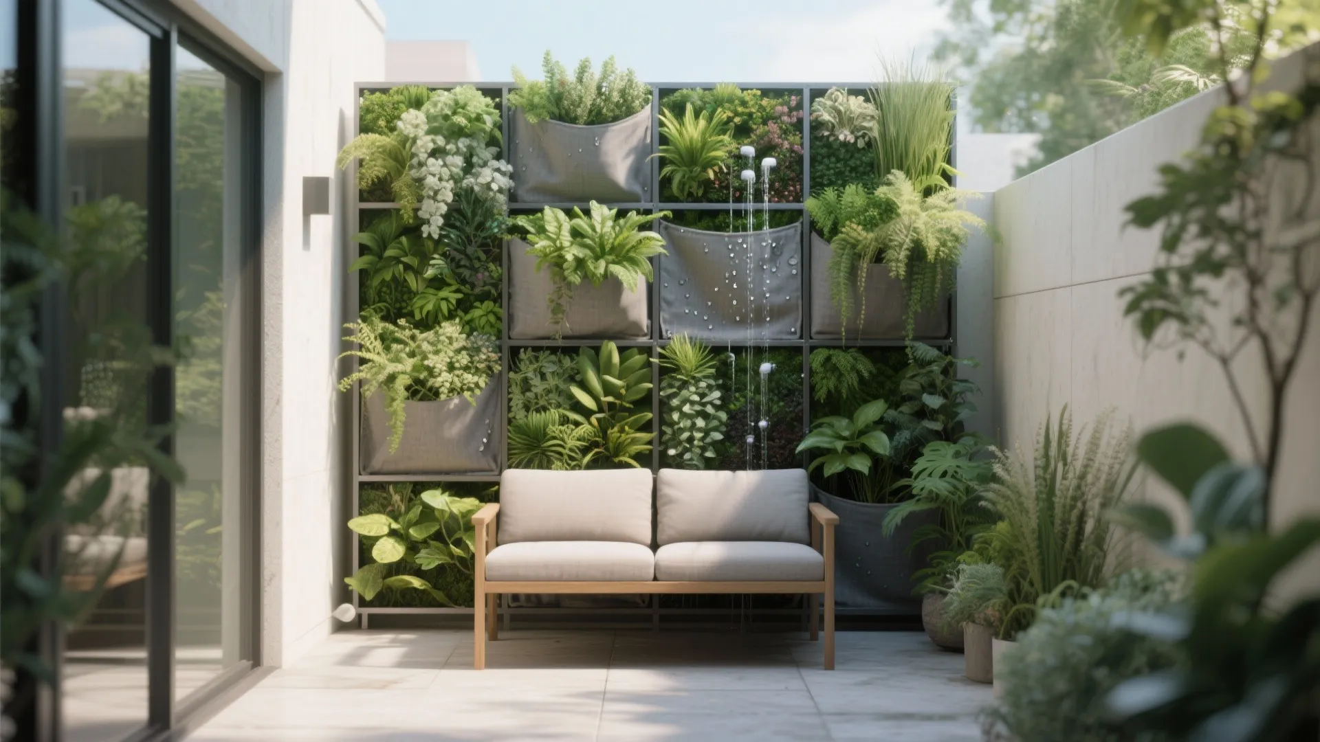 Outdoor patio with small grey sofa positioned in front of a lush green wall garden