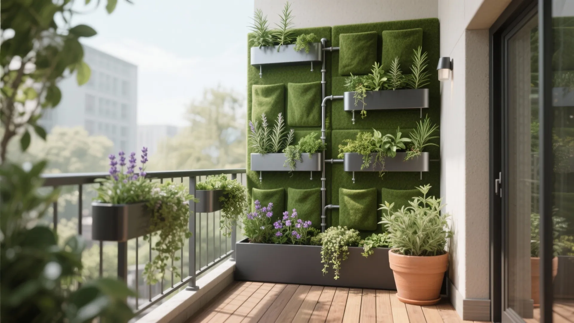 Vertical green wall and rail planters for life and privacy