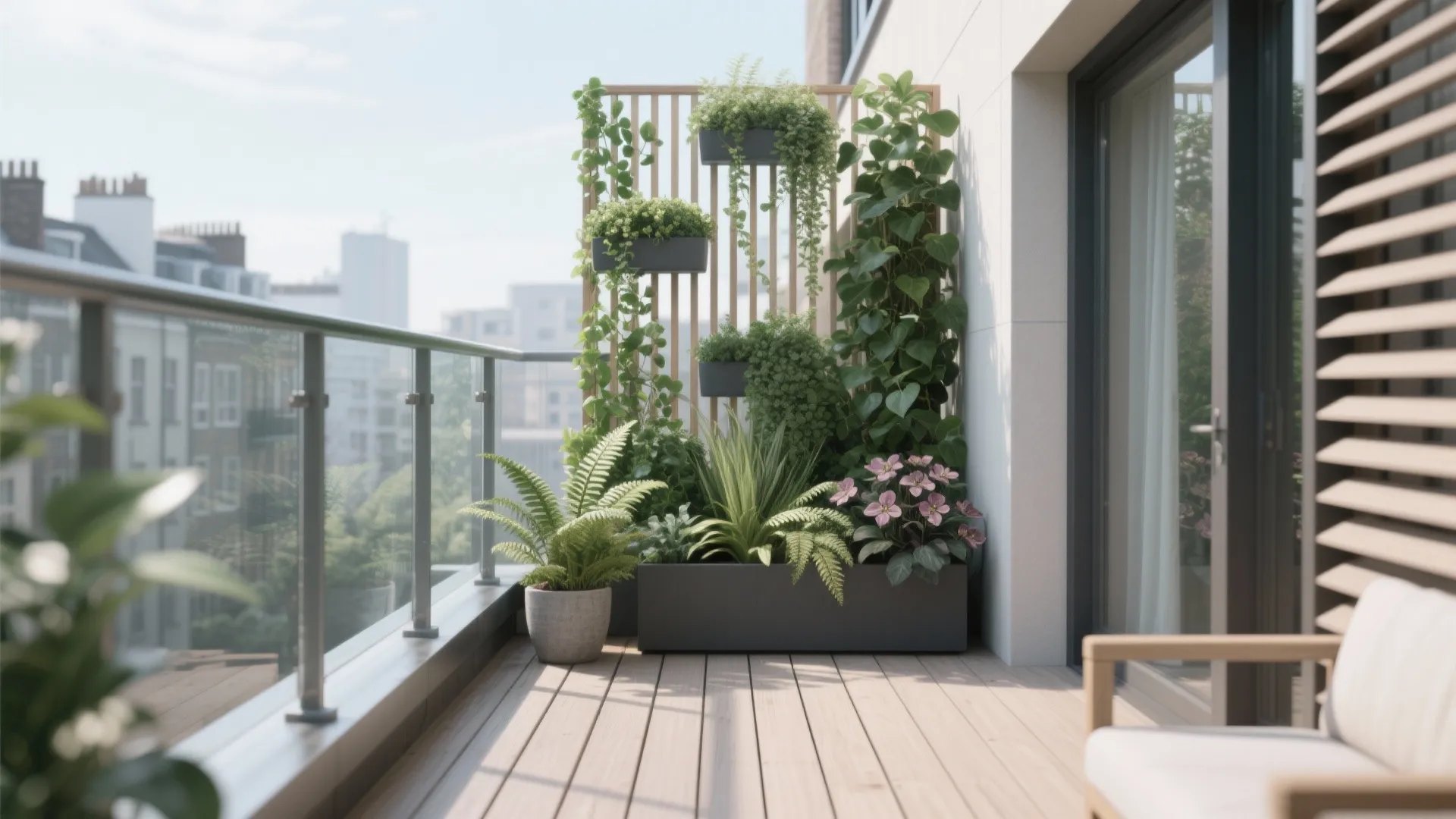 Sunny balcony with a wooden wall panel holding various green plants flowers and a comfortable sofa