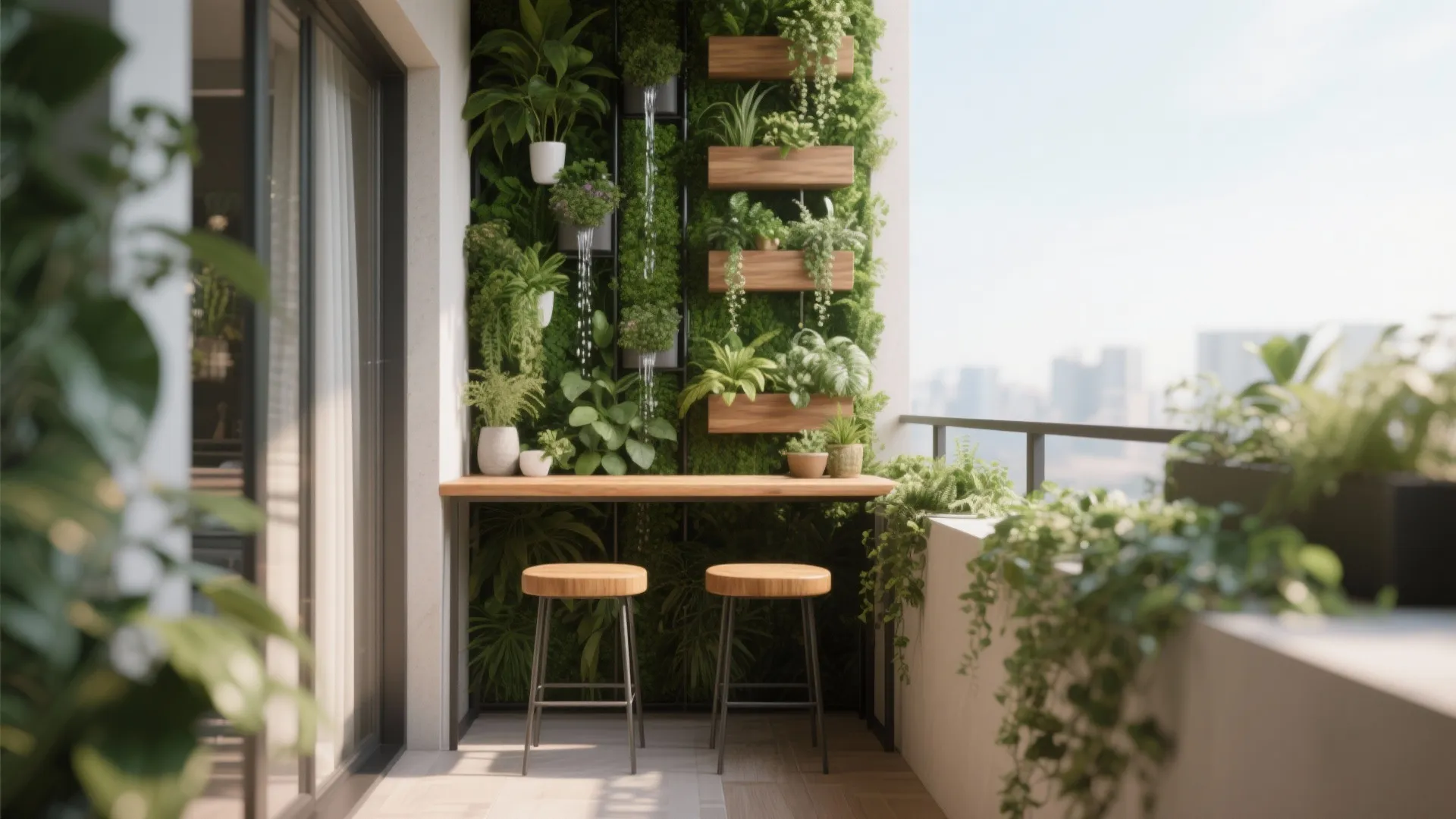 Modern balcony featuring a vertical plant wall, wooden counter table, two stools, and city view
