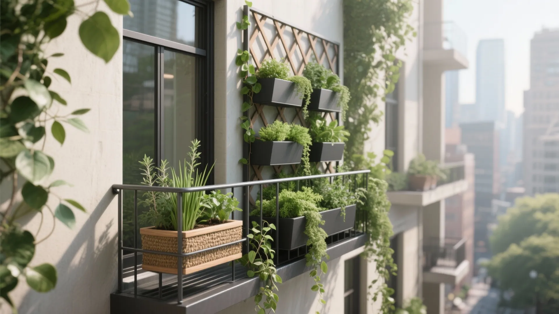 Vertical garden on a balcony wall with black planters, green plants, and a wooden lattice
