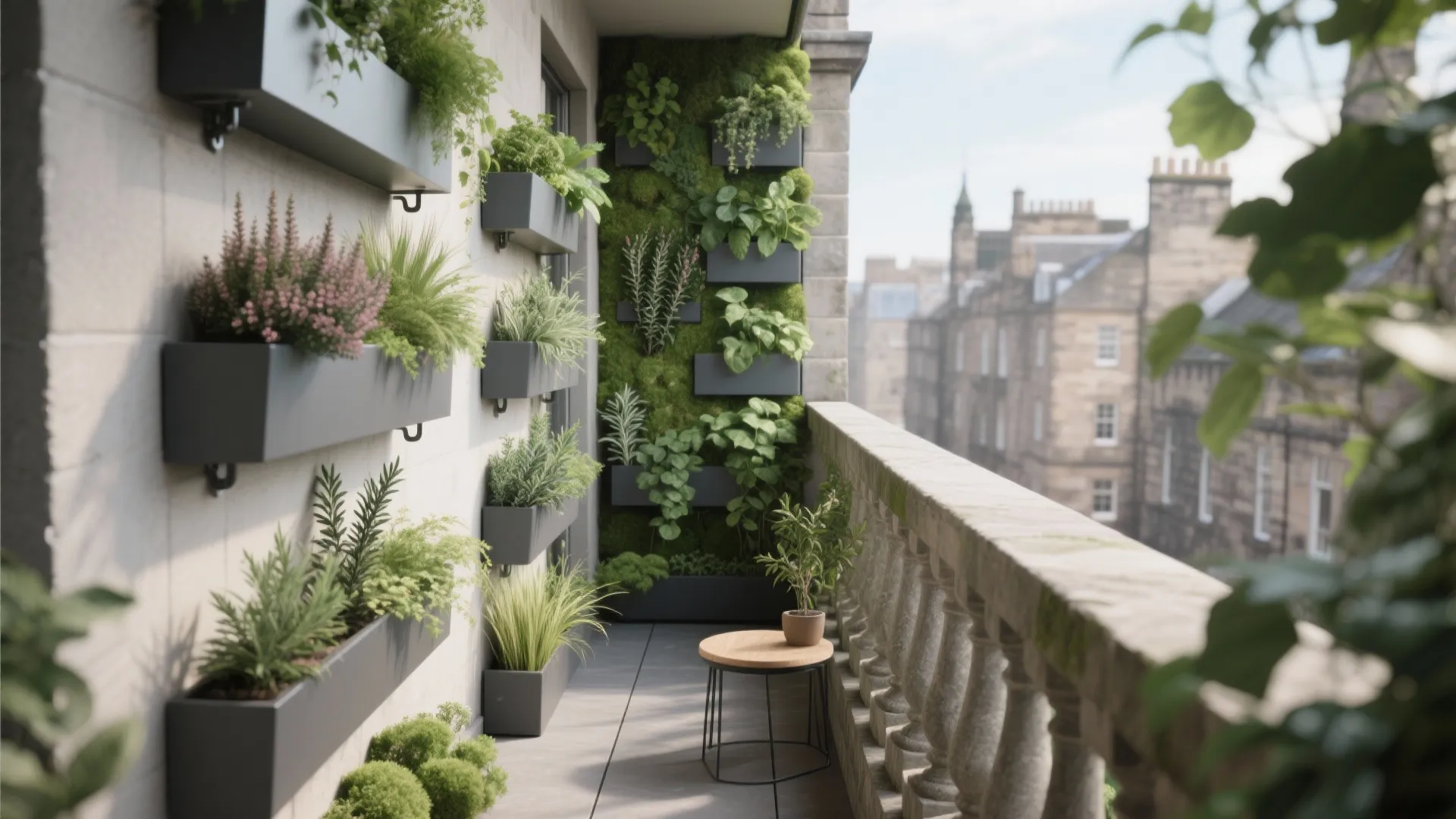 Modern apartment balcony featuring a vertical garden with green plants on a light stone wall