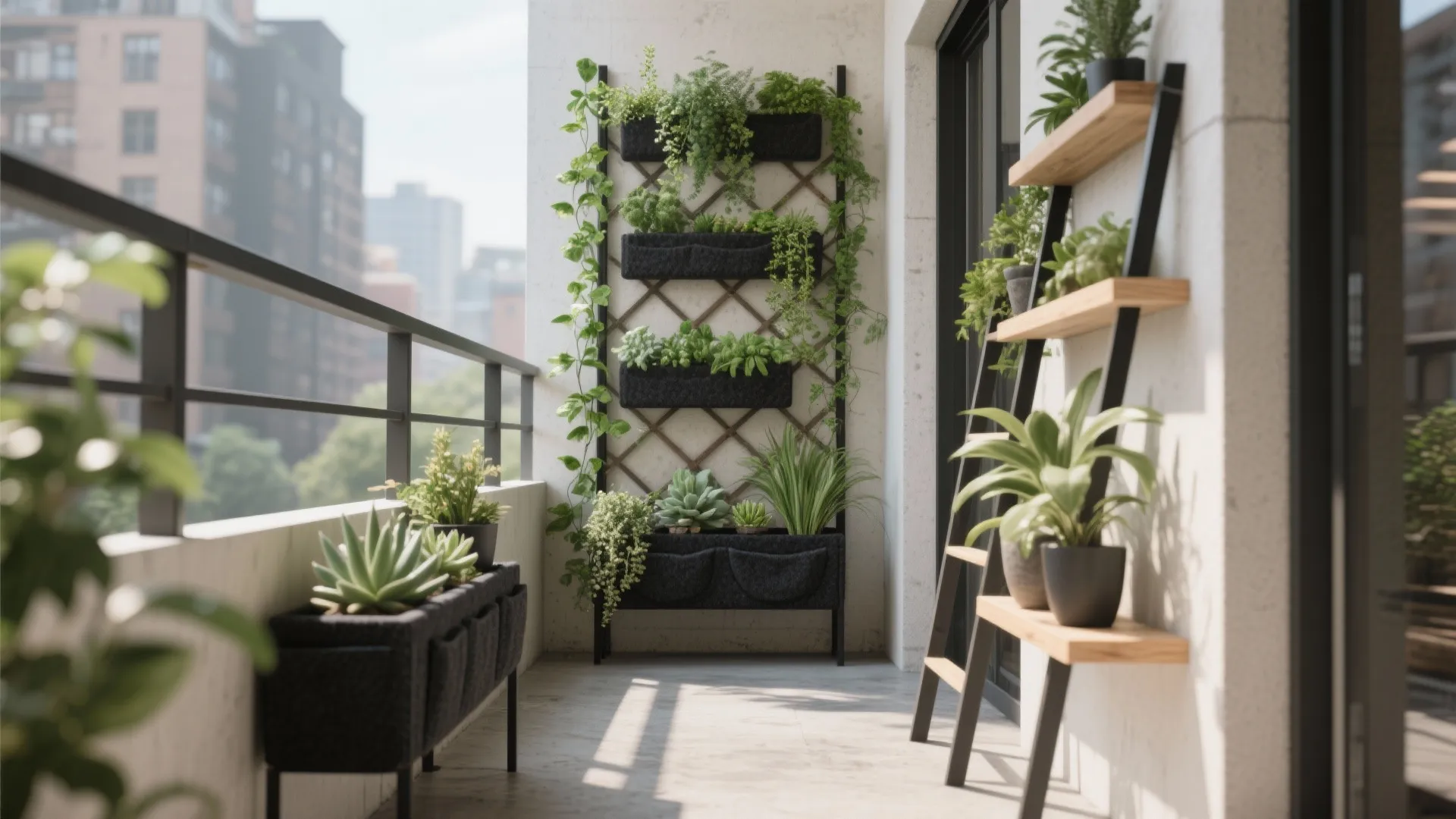 Modern balcony featuring vertical garden with wooden shelves green plants black railing and city view background