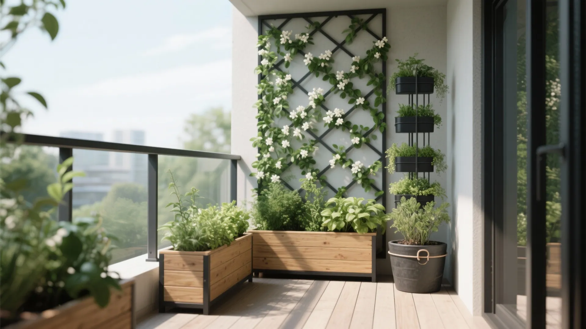 Small balcony with trellis climbers, rail planters, an herb tower, and heavy low planters forming a light, green privacy screen.
