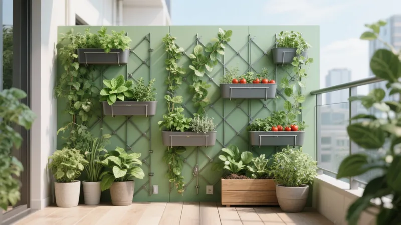Vertical Garden Balcony Design with Herbs and Tomatoes