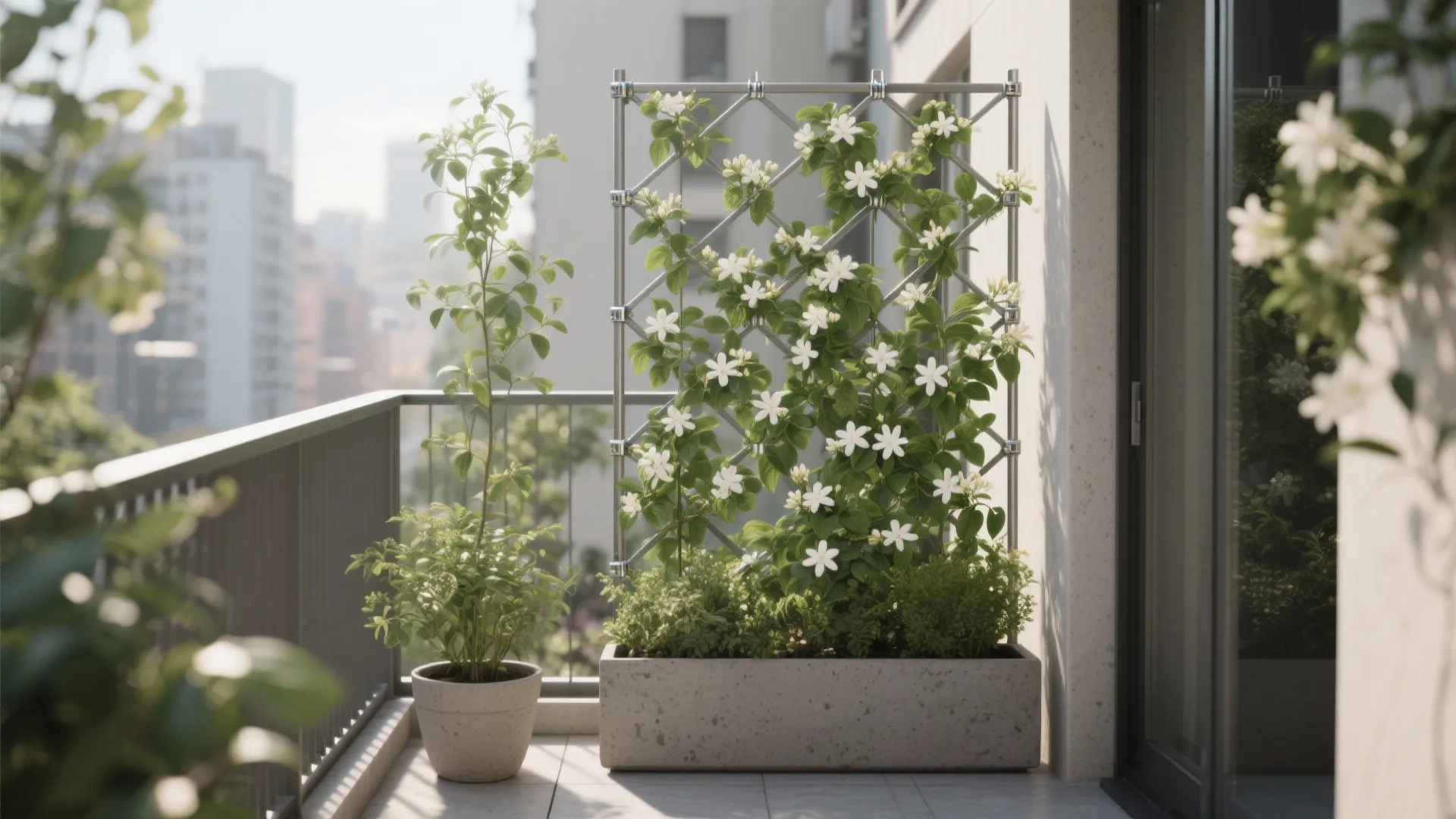 Slim trellis with jasmine and ivy creating privacy on a small east-facing balcony, lightweight fiber-clay planters.