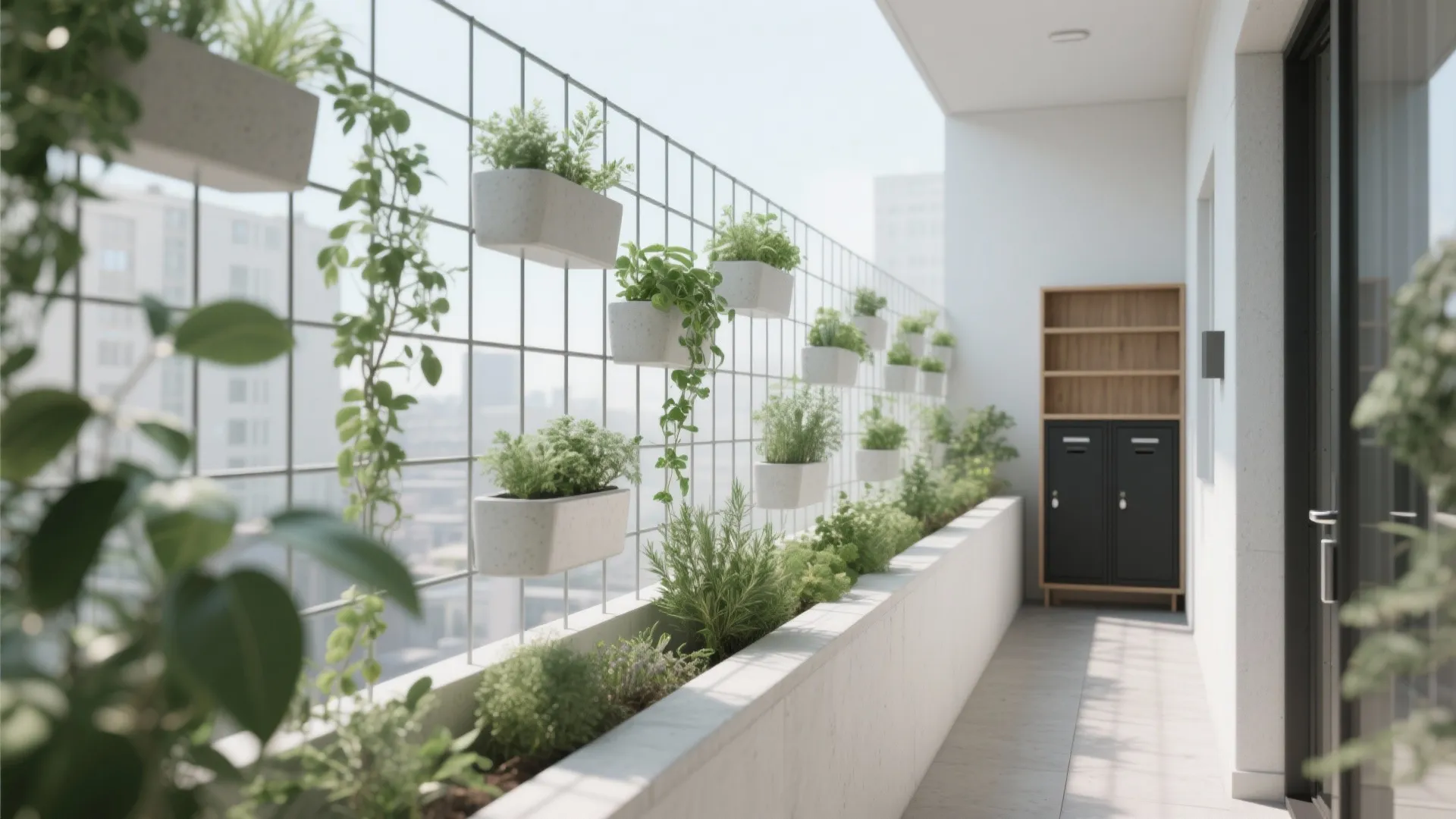 Minimalist vertical greenery and slim storage