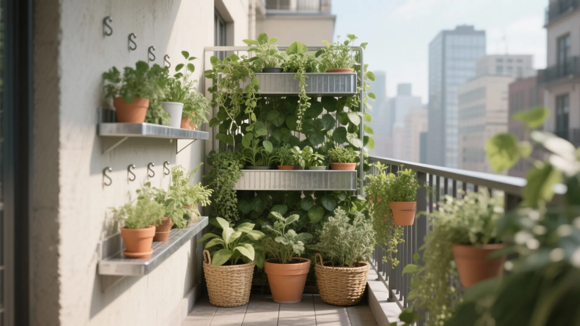 Slim galvanized shelving with trailing plants forming a privacy screen on a tiny urban balcony.