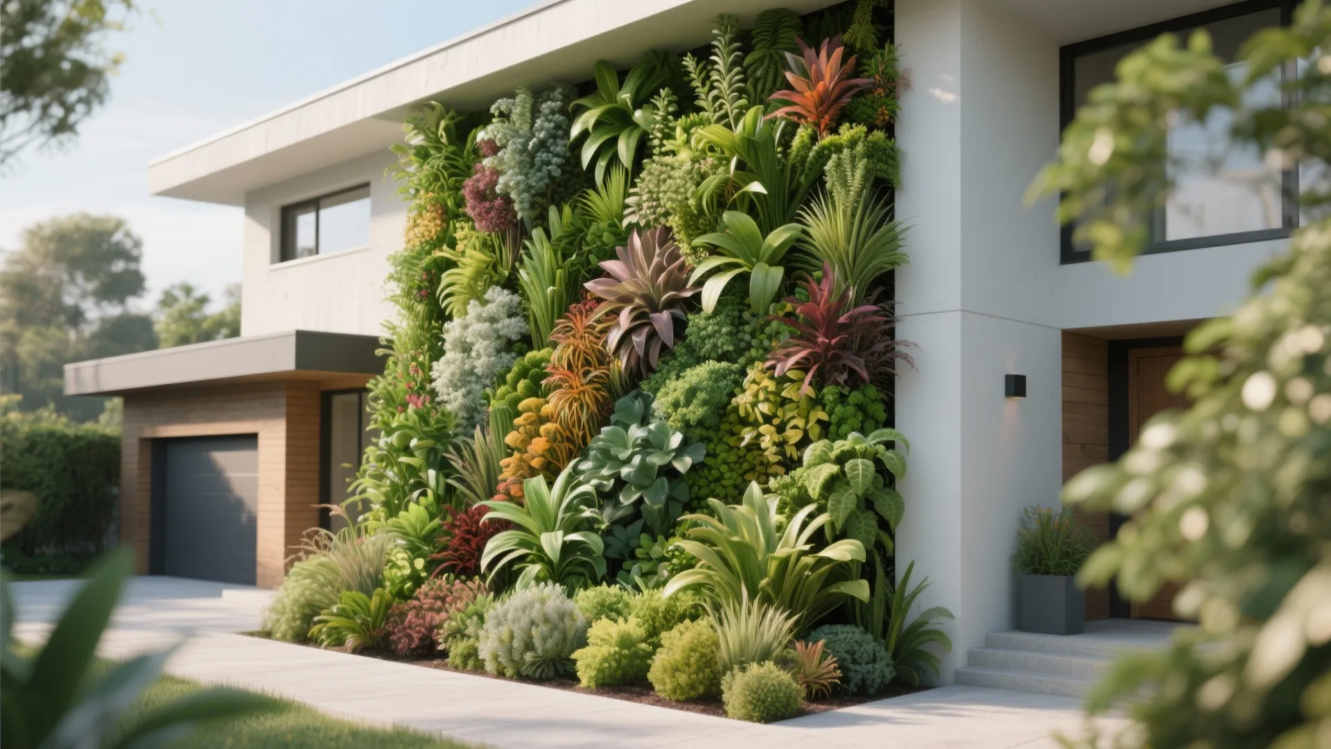 Modern white house exterior featuring a large vertical garden wall with diverse green leafy plants