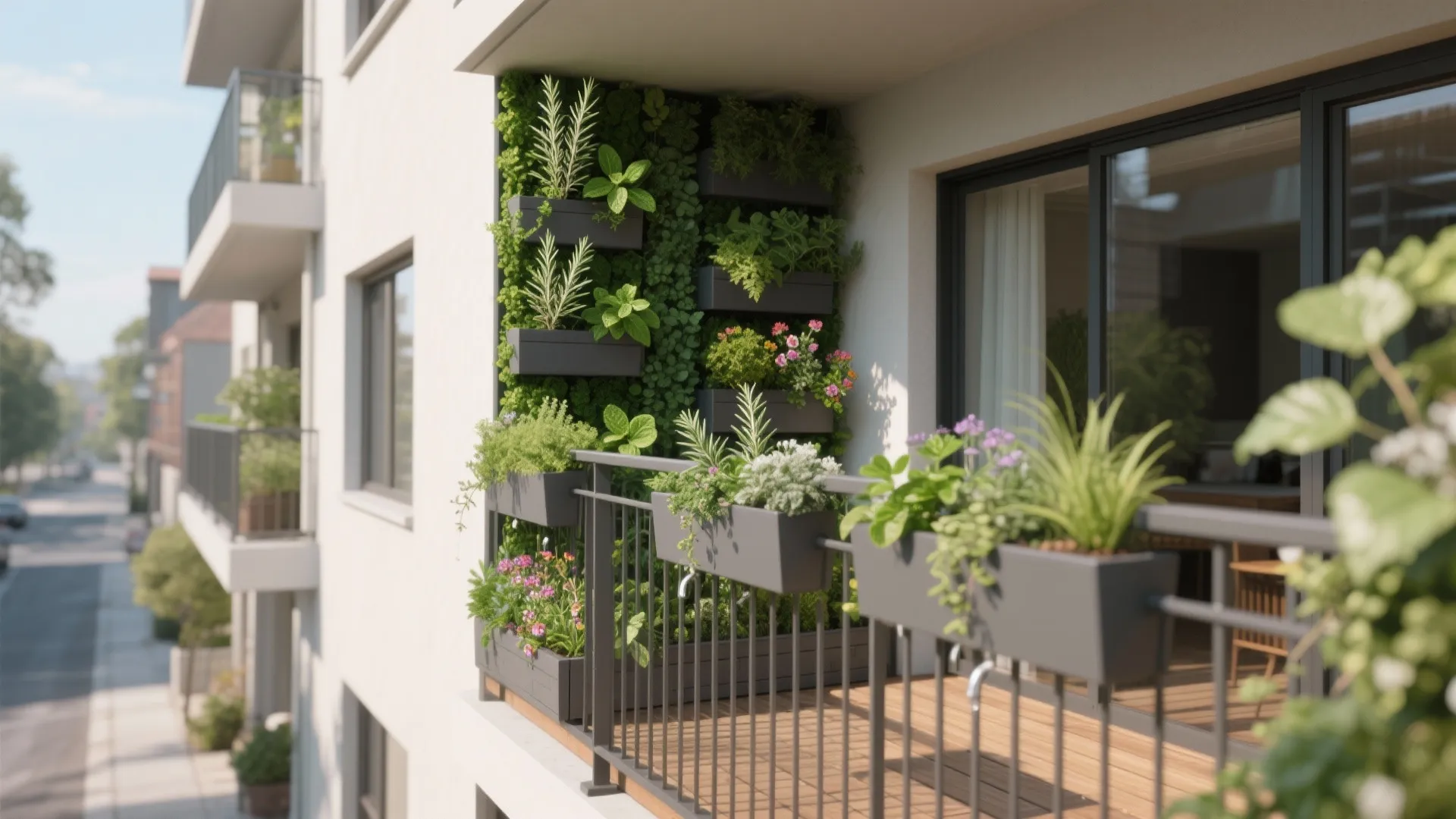 Modern apartment balcony showing a vertical wall garden with many small potted plants and black railings