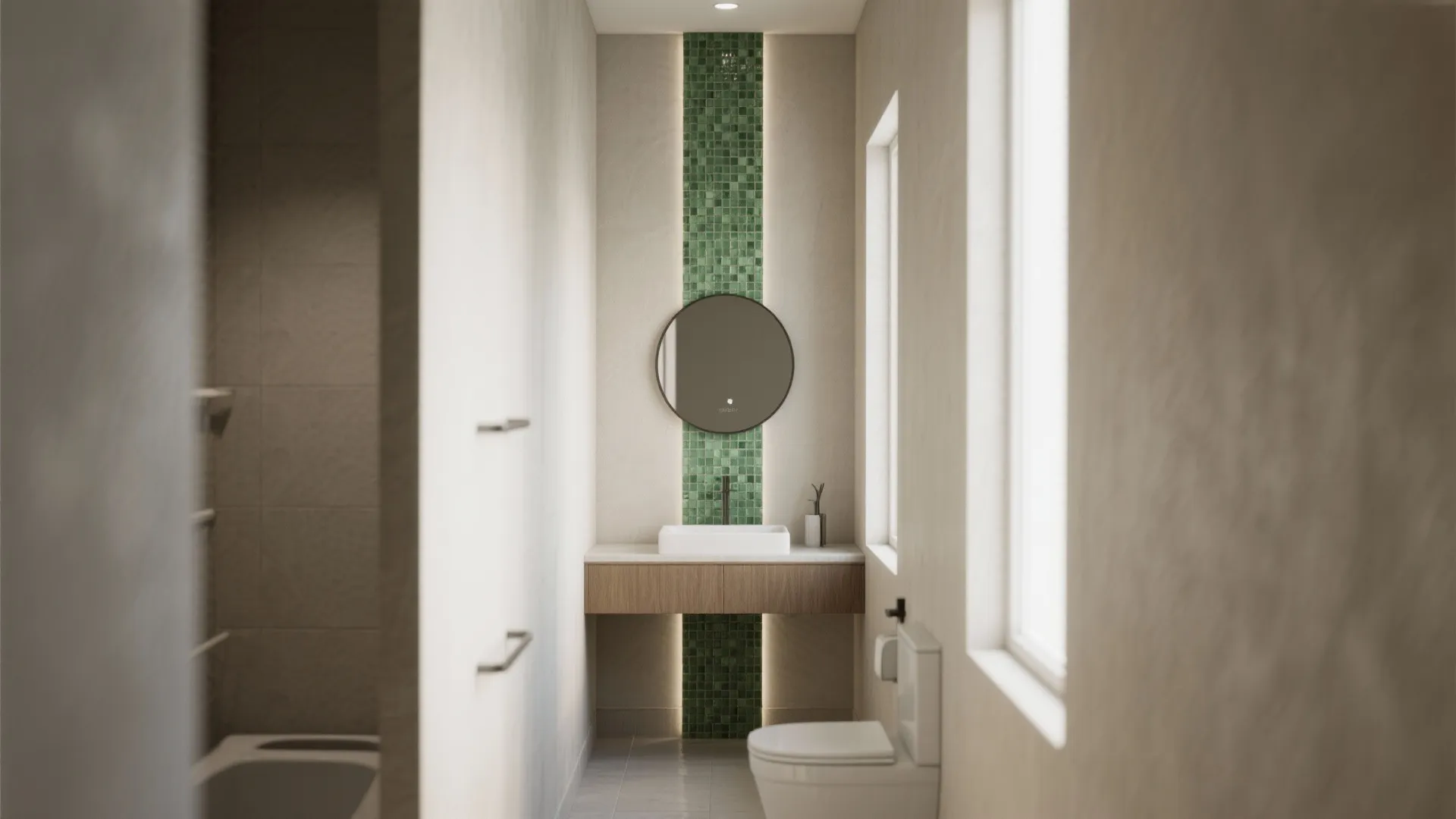 Small bathroom with vertical green tile stripe round mirror white toilet and wooden sink cabinet
