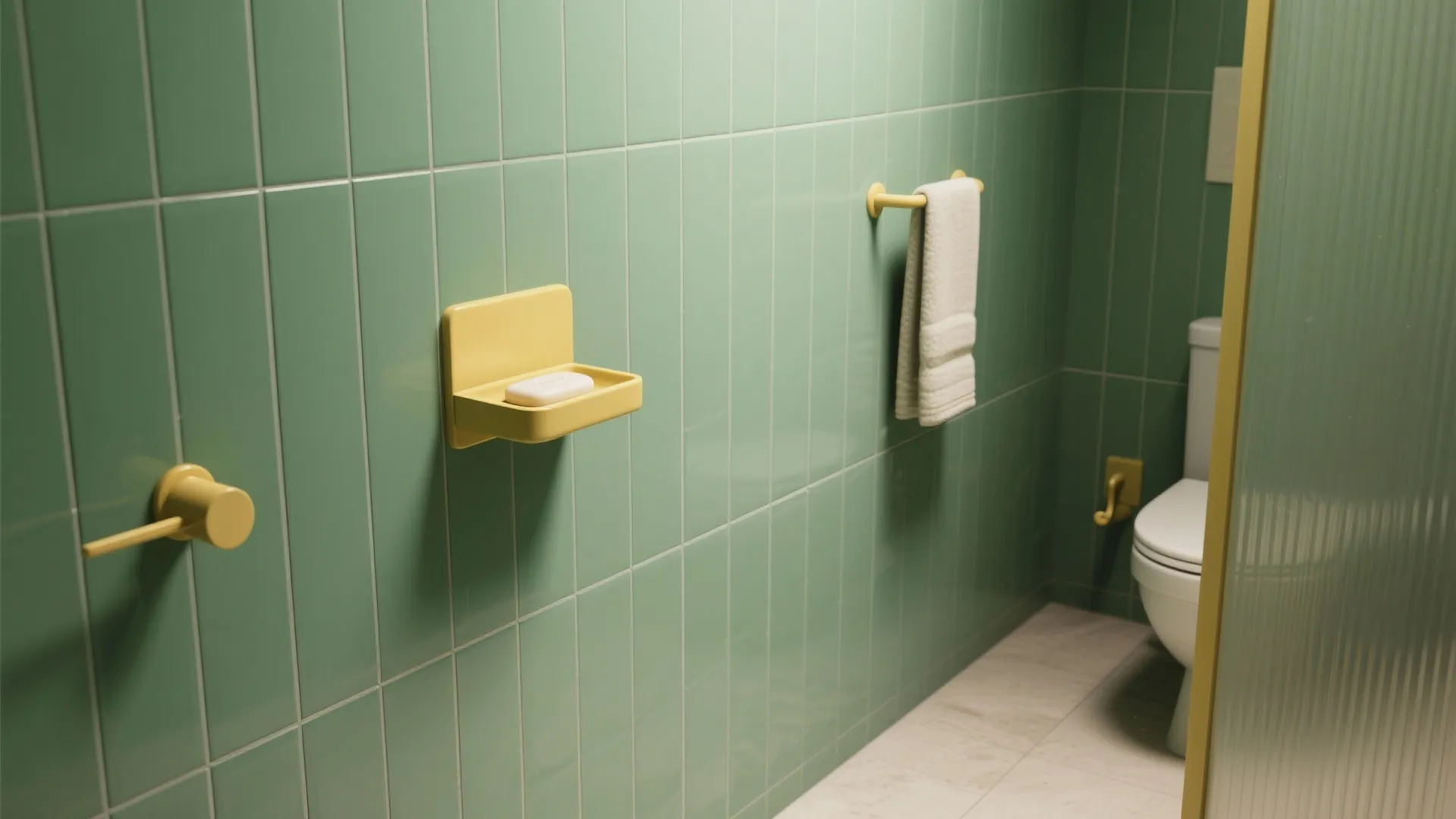 Bathroom wall with tall vertical green tiles and matte yellow fixtures for height illusion