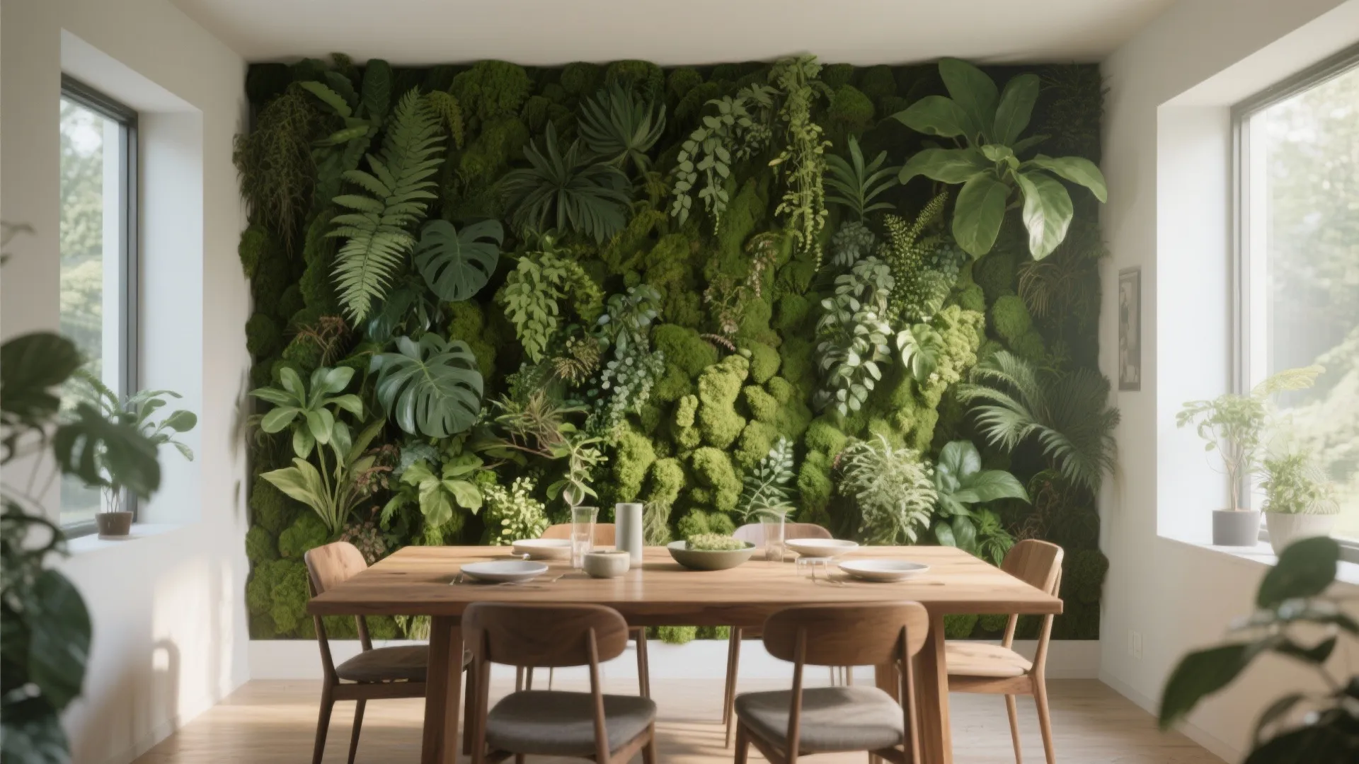 Vertical green wall with preserved plants in dining space