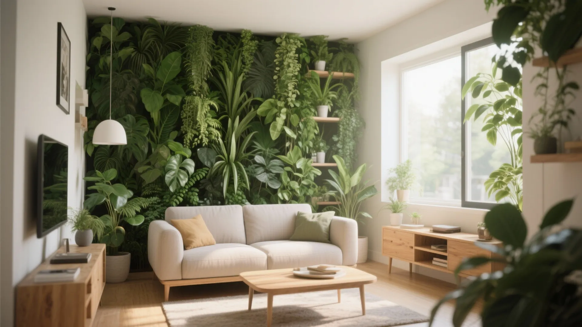 Modern living room featuring a lush vertical green wall with sofa and wooden coffee table