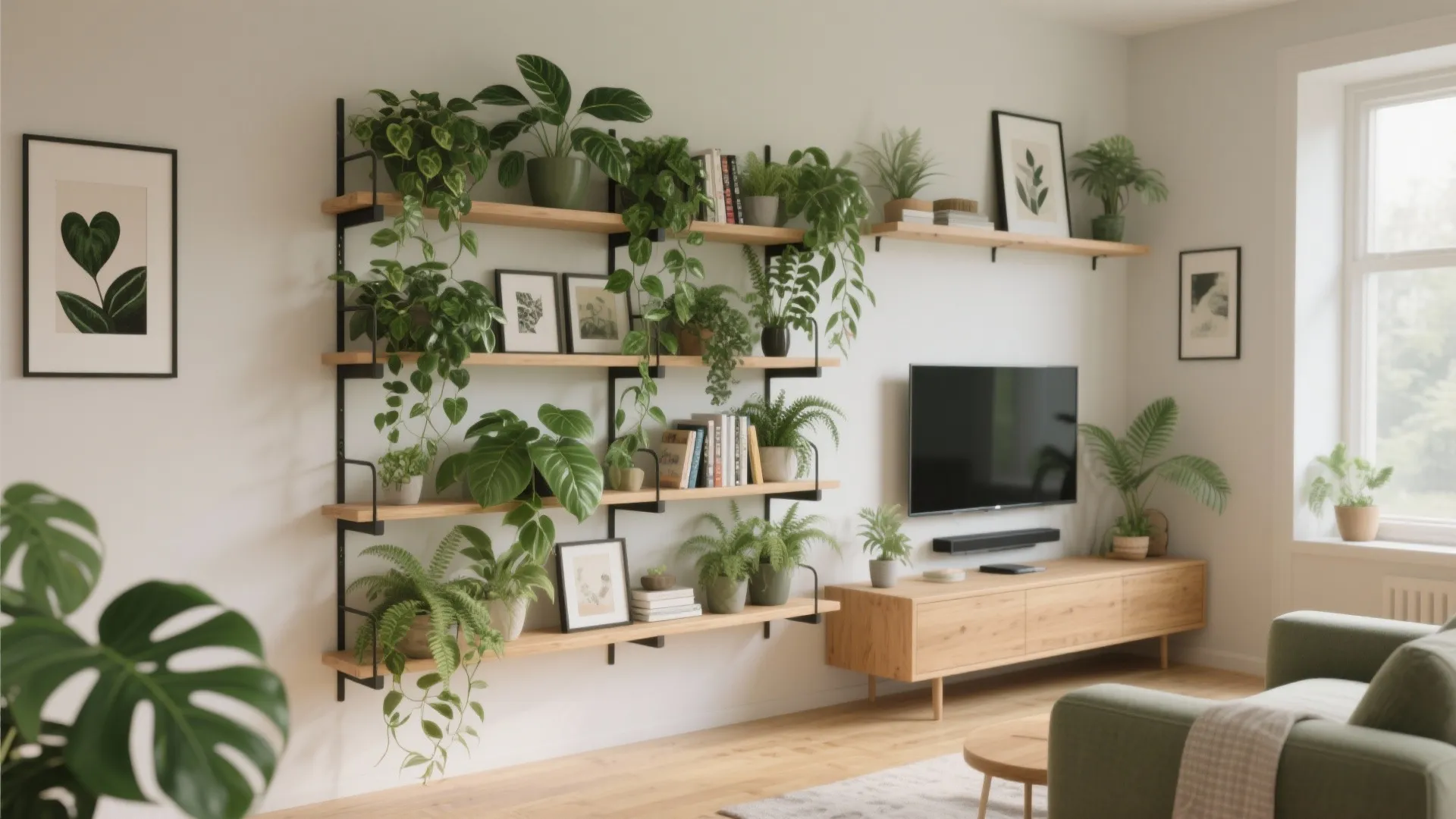 Vertical Green Wall with Open Shelving