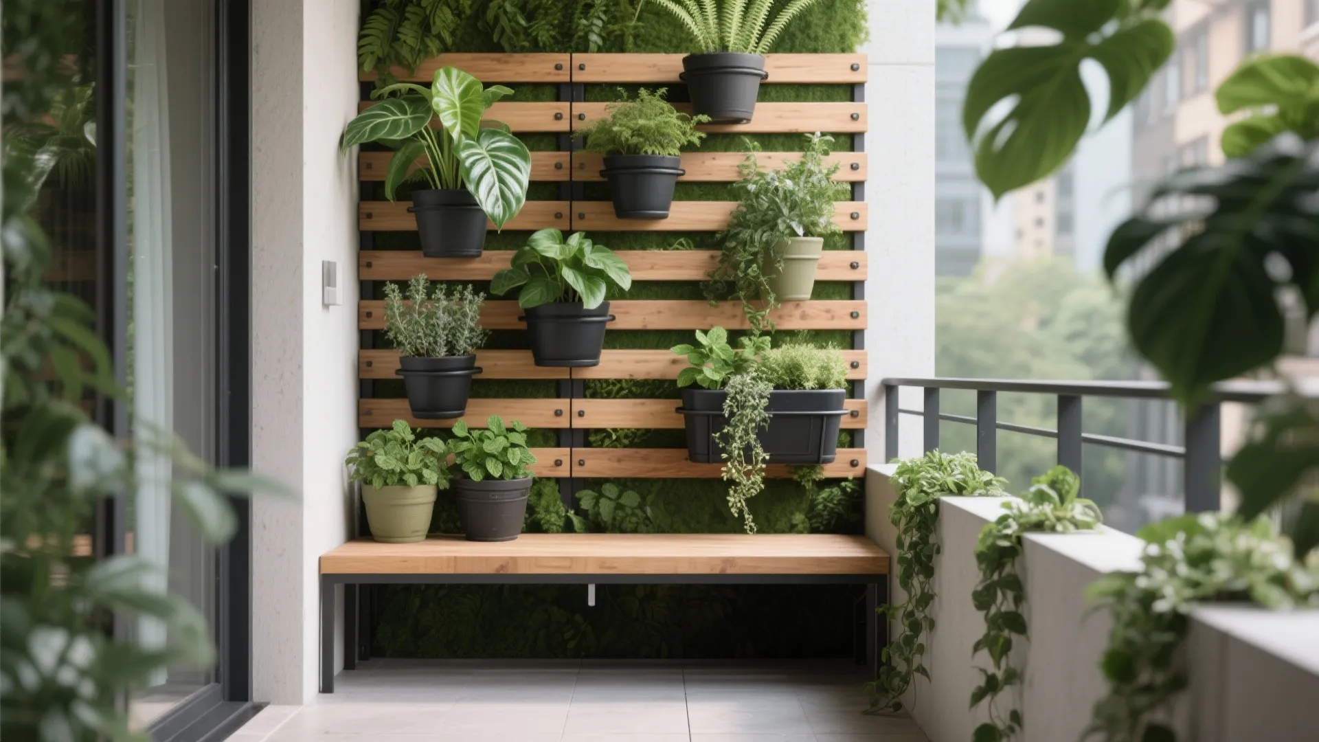 [
  {
    "url": "https://coohom-biz-sg-s3.coohom.com/ins/static/article/vertical-green-wall-1761814998522422900.jpg",
    "alt": "Balcony with vertical garden wall, wooden panels, green plants in black pots, and wooden bench"
  }
]